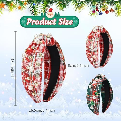 Miniatura 2 de ABONDEVER Diademas de Navidad con cuentas para mujer, 2 unidades, diadema ancha con cuentas de diamantes de imitación, diadema anudada de tartán a