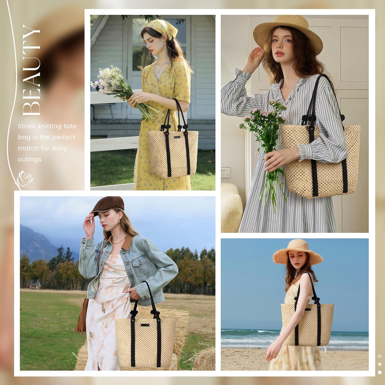 Straw Bags For Women, Crochet Beach Bag Large Woven Shoulder Purse Handbag, Beach Tote Straw Bag for Summer Vacation
