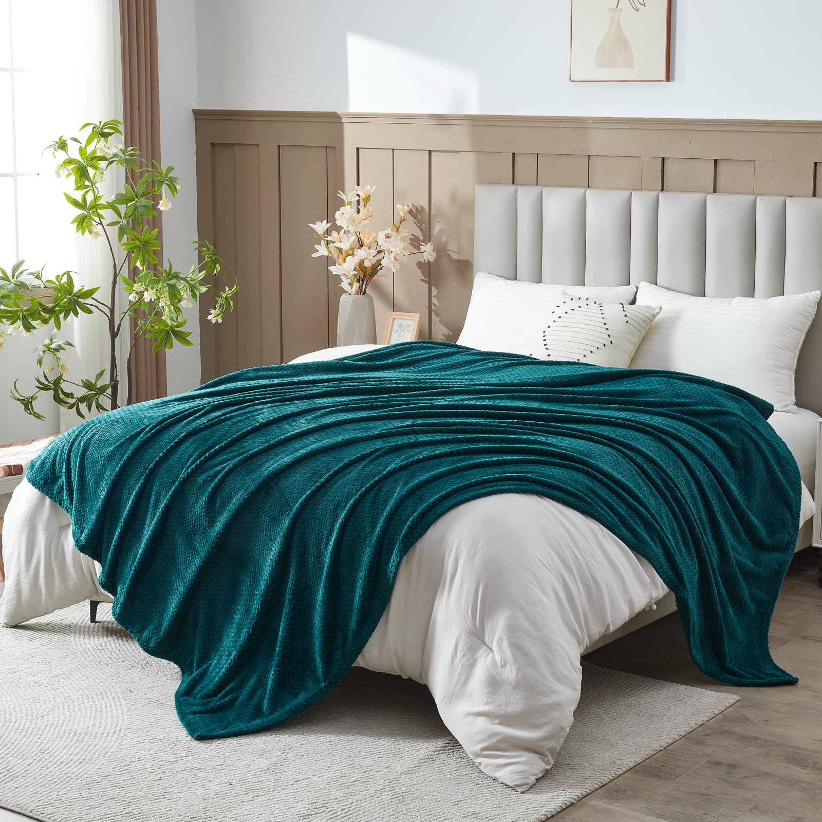NEWCOSPLAY Super Soft King Blanket Dark Teal Premium Silky Flannel Fleece Leaves Pattern Lightweight Bed Blanket All Season Use (Dark Teal, King(90"x110")) — image 1