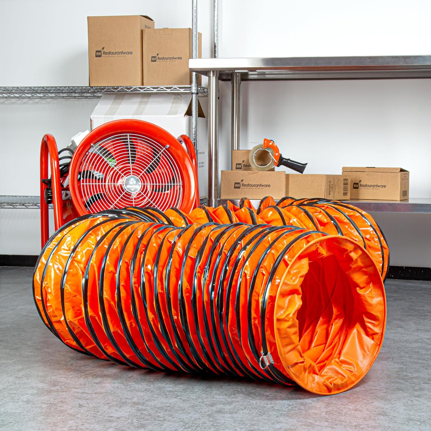 Restaurantware-Wind Blade 25 Foot x 15.75 Inch Extra Flexible Duct Hose, 1 Insulated Air Blower Hose - For 16 Inch Ventilator Fan, Adjustable Rope, Orange PVC Ventilator, D-Ring, Easy Storage