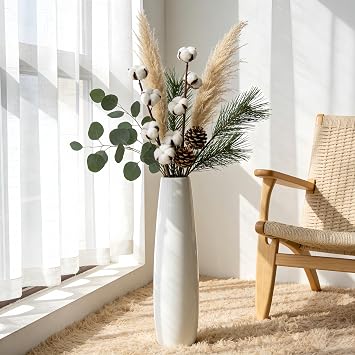 White Tall Floor Vase, 24Ceramic Standing Flower Vase, Living Room, Office, Bedroom, Decorative Flower for Wedding Centerpiece,Modern Home Decor