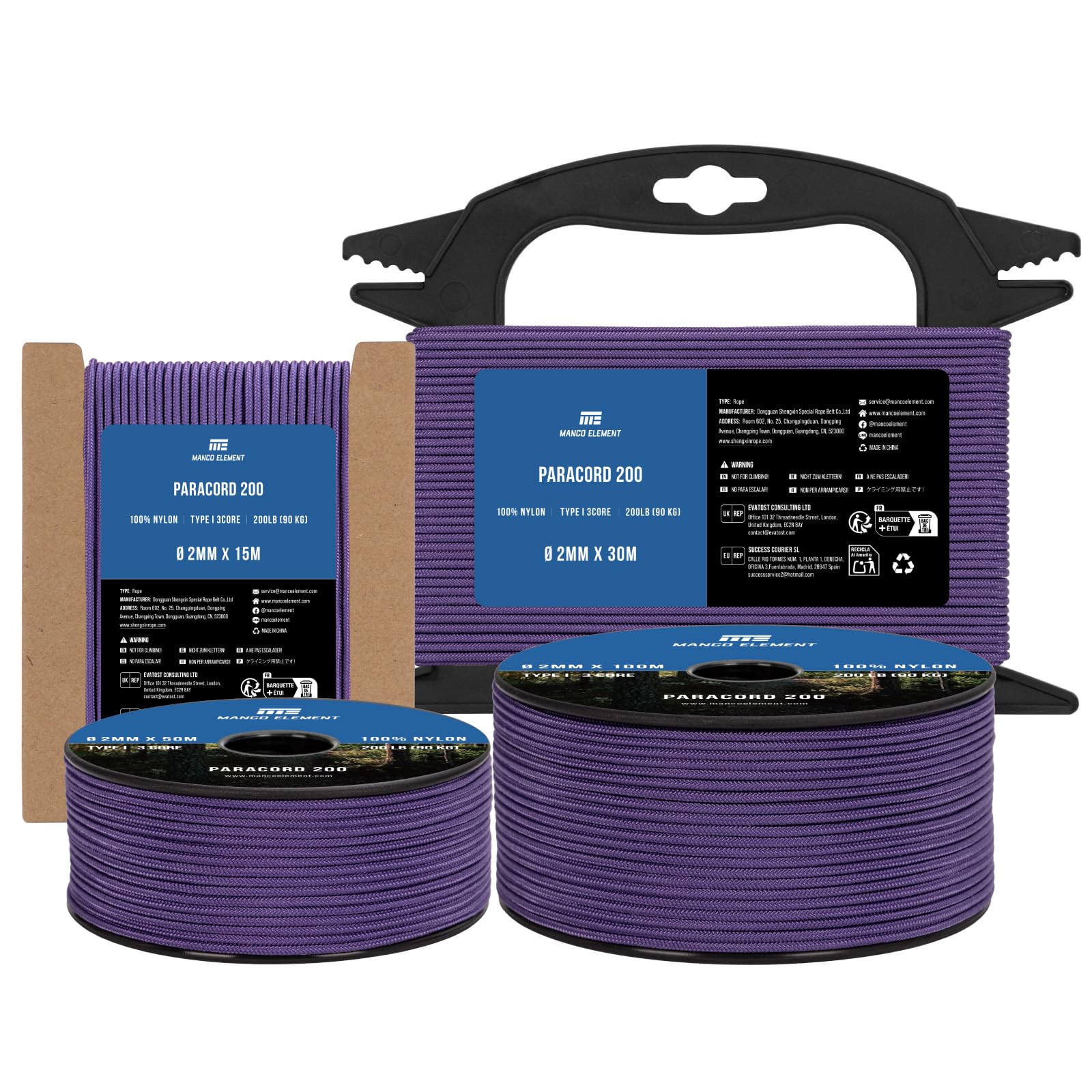 Manco Element Paracord 2mm 15m 3 Strands Type I Purple | 100% Nylon Parachute Cord Rope | 90KG Load Capacity - Ideal for DIY, Crafting, Outdoor, Camping