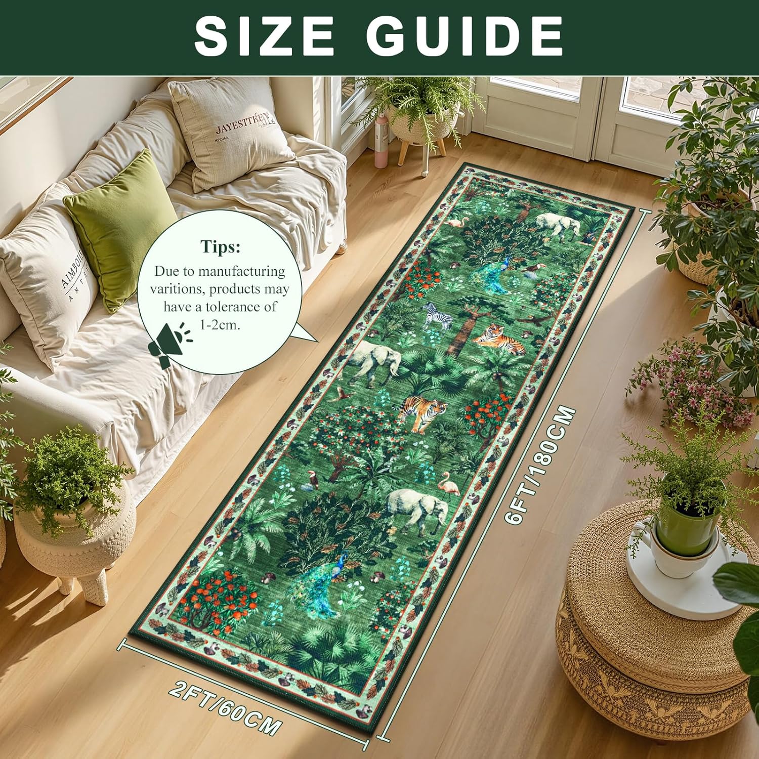 Yamaziot Hallway Runner Rug 2x6 – Jungle Animal Print Linen Rug with Non Slip Backing, Low Pile Washable Distressed Boho Carpet for Indoor Outdoor Rug, Kitchen, Bedroom, Entrance, Forest Green