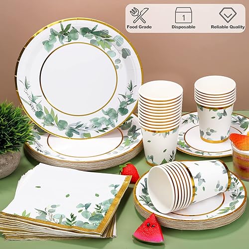 Miniatura 3 de Aneco Greenery Party Supplies - Juego de vajilla desechable de hojas de eucalipto para fiestas platos de papel servilletas temática de selva