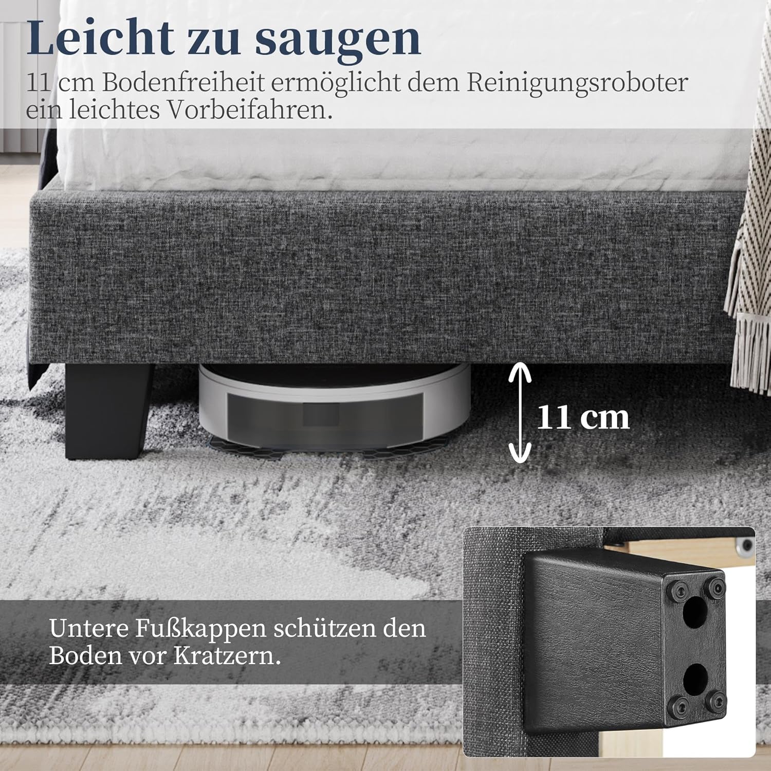 Nærmynd view of the bed frame showing L-shaped metal brackets at the joints, indicating enhanced stability and strength.