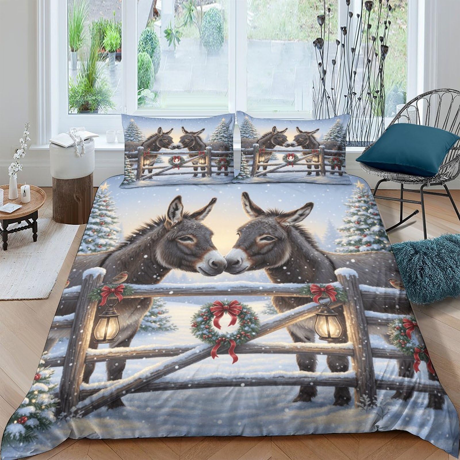 Ctjqhvkz Style-4 3D Printed Winter Donkey Fitted Sheet Microfiber Soft Breathable Christmas Fence Bed Cover For Bedroom Dorm Mattress Protection Decor Single（135X200cm）