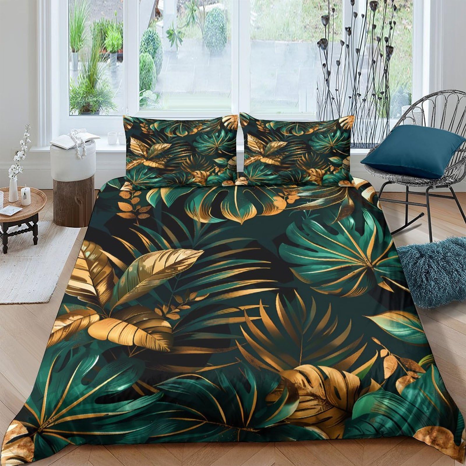 Ctjqhvkz Style-2 3D Printed Tropical Leaves Fitted Sheet Microfiber Soft Green Gold Jungle Bed Cover Bedroom Decor Single（135X200cm）