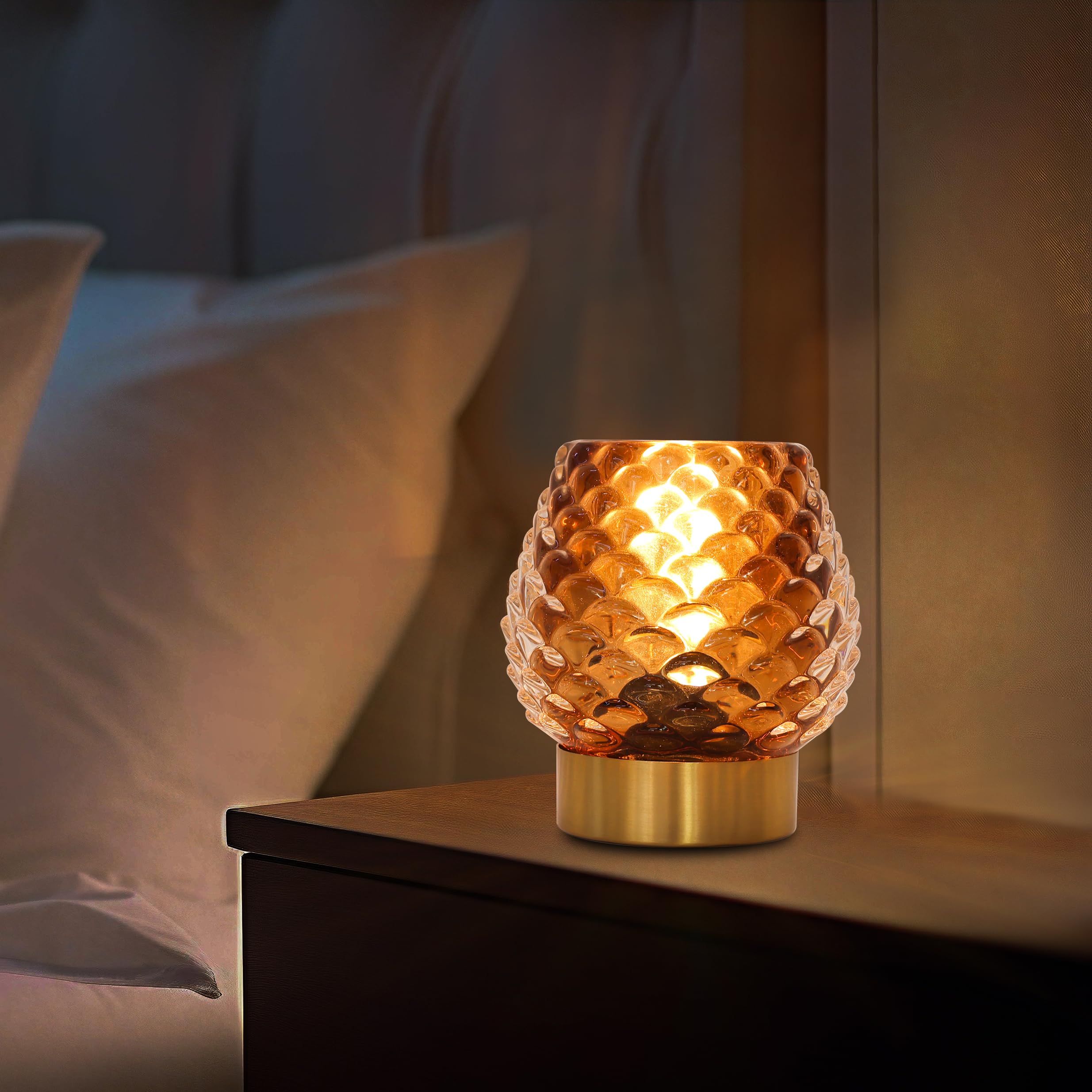 Cycodo Amber Glass Battery Operated Table Lamp with Timer, Pine Cone Shape, 50 Lumens, 5 Watts, 3.5 x 4 x 4.3 Inches, Energy Efficient, Touch Control, Cordless, Indoor Use