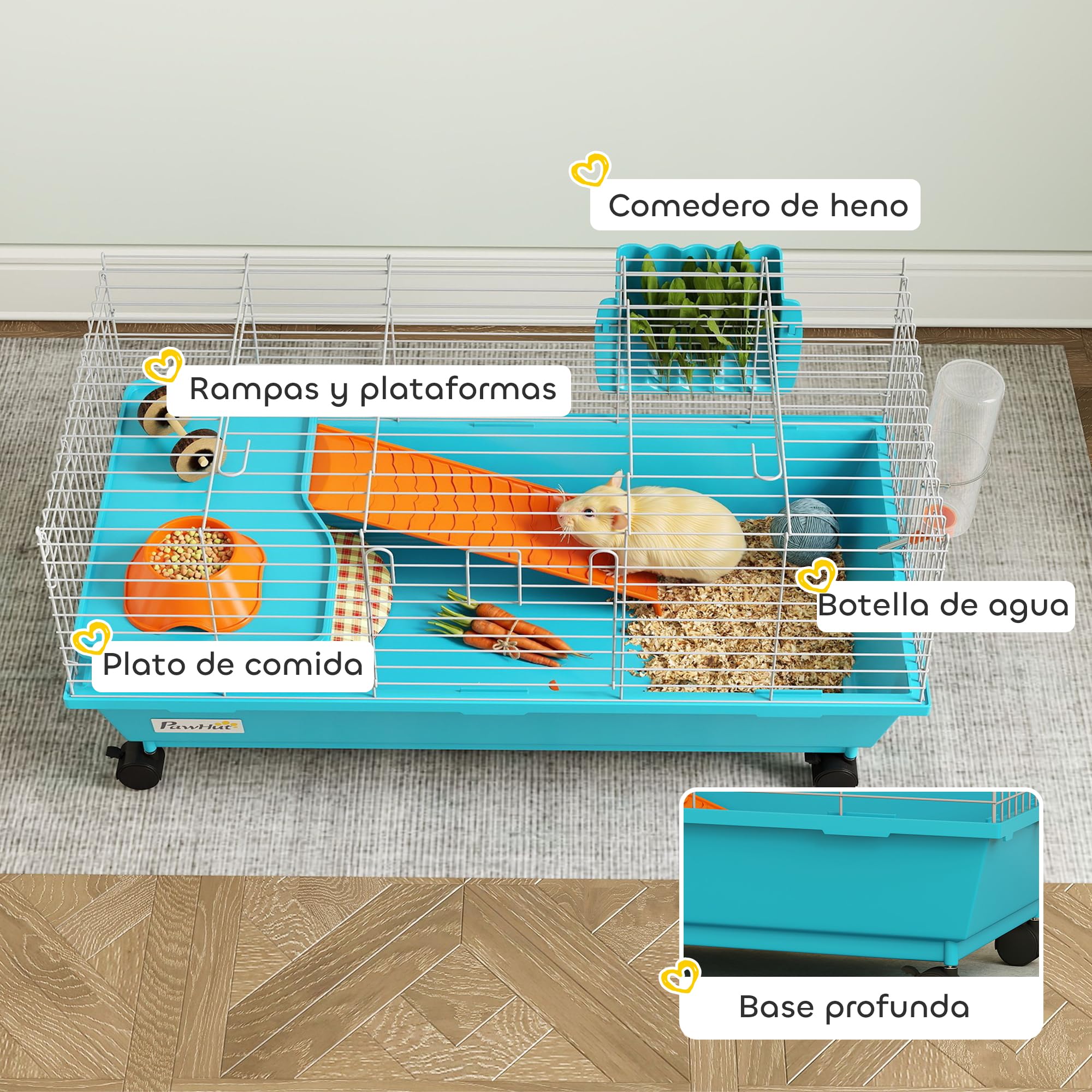 PawHut Jaula para Animales Pequeños, Jaula para Roedores con Ruedas, Botella de Agua, Comedero, Dispensador de Heno, Plataforma, Rampa, Bandeja Extraíble, para Conejos y Cobayas, 89x44x43 cm, Azul