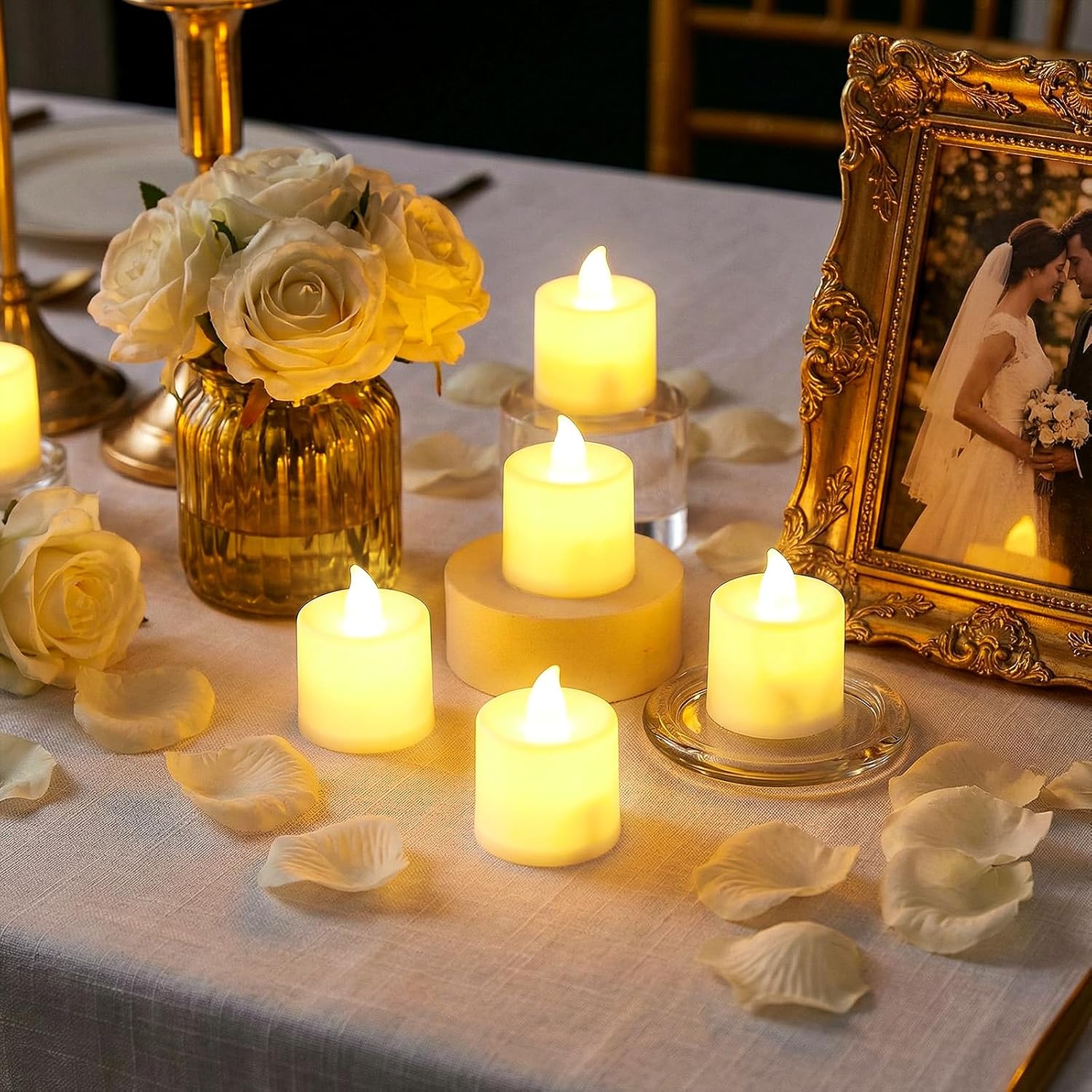 Coume 72 Pack Flameless Tea Light Candle Wedding Flameless Flickering LED Battery Operated Candle for Sweetest Day Anniversary Romantic Night Honeymoon Table Decor(Warmer)