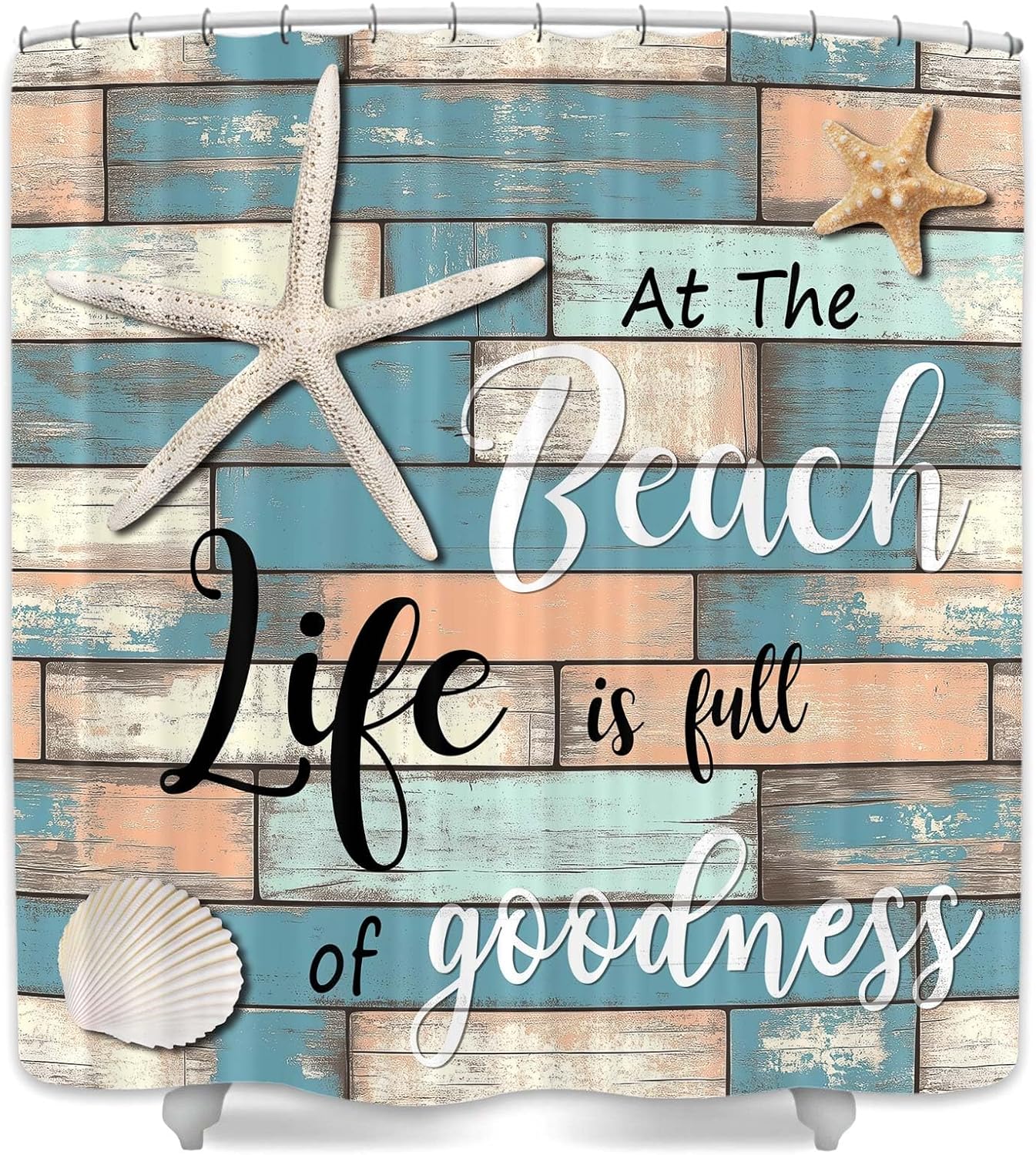 JAWO Beach Shower Curtain, Rustic Vintage Wood Ocean Quote Words Fabric Shower Curtains, Nautical Coastal Theme Shower Curtain with Hooks 69x84Inches