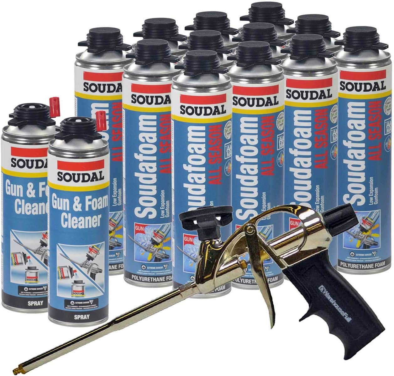 Soudal Kit, 12 Cans All Season Window & Door Foam, AWF Pro Foam Gun, 2