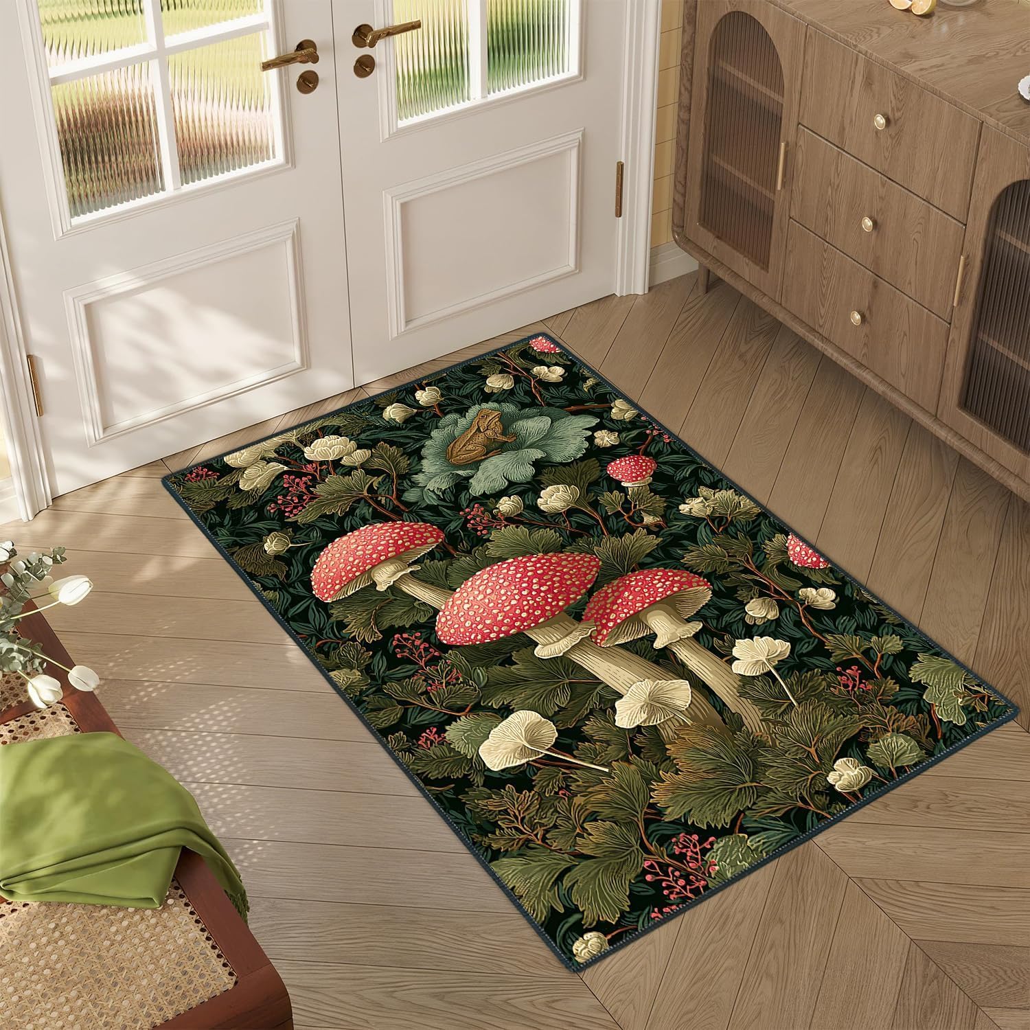 Washable 2x3 Entry Rug Vintage Botanical Mushroom Area Rug, Non Slip Low Pile Indoor Door Mat, Woodland Floral Decorative Rug for Entryway, Kitchen, Bedroom, Green Nature Design