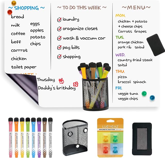 LUCYCAZ Magnetic Whiteboard, Fridge White Board 43x30CM Home Kitchen Magnetic Whiteboard for Fridge Memo Boards and Shopping List