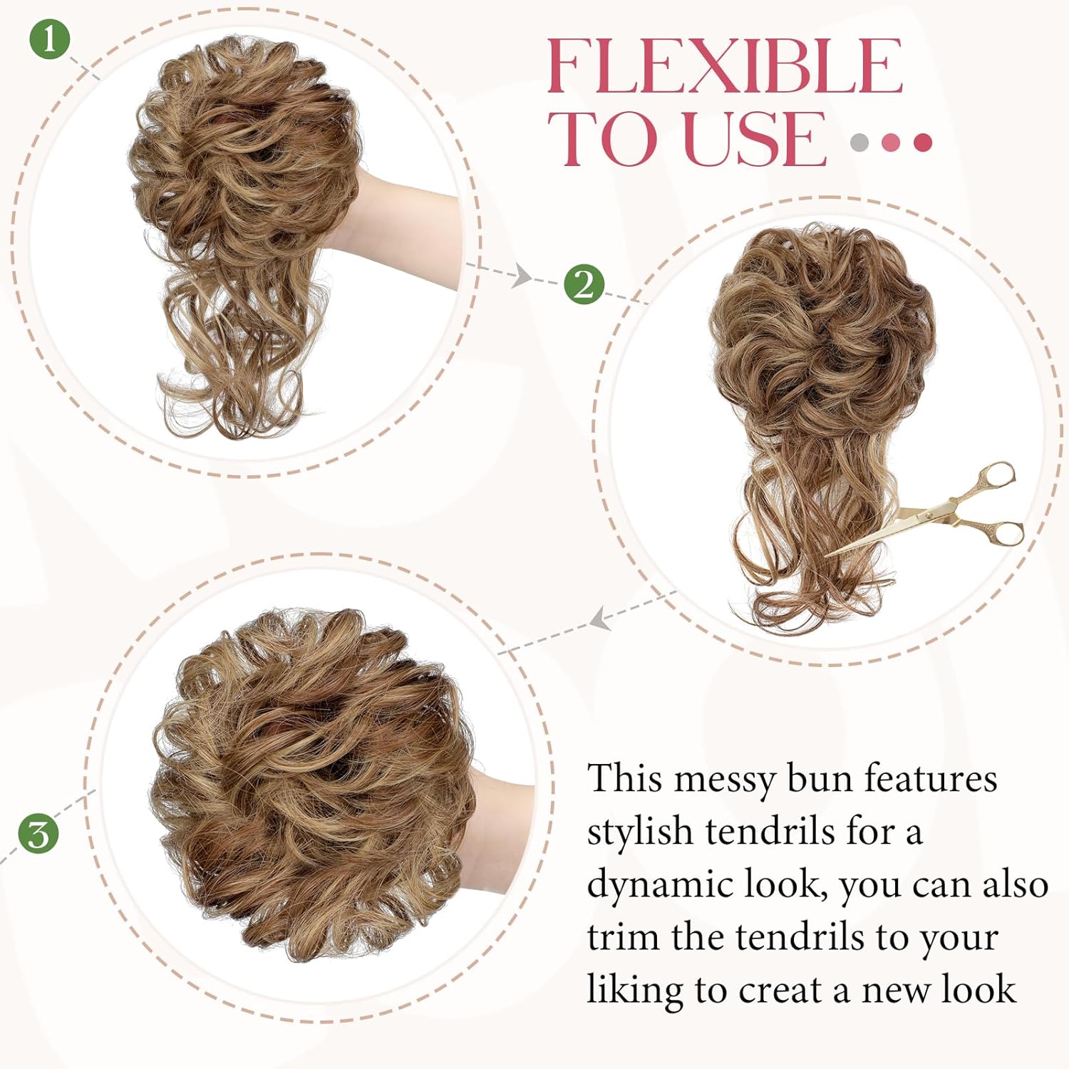 2PCS Messy Bun Hair Piece Tousled Updo with Tendrils Wavy Curly Hair Bun Scrunchies Ponytail Extension Elastic Band Hairpieces For Women (Light Brown mix Ash Blonde) - Image 4