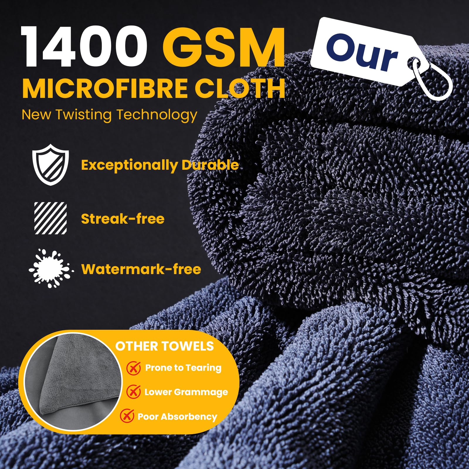 Omtofo 80×50 cm Microfibre Sechage Voiture, 1400GSM Super Absorbant Micro Fibre Sechage Voiture, Non Pelucheux, Fibres Arrondies Douces, Séchage sans Traces, sans Traces pour Auto Moto Vitre - 3