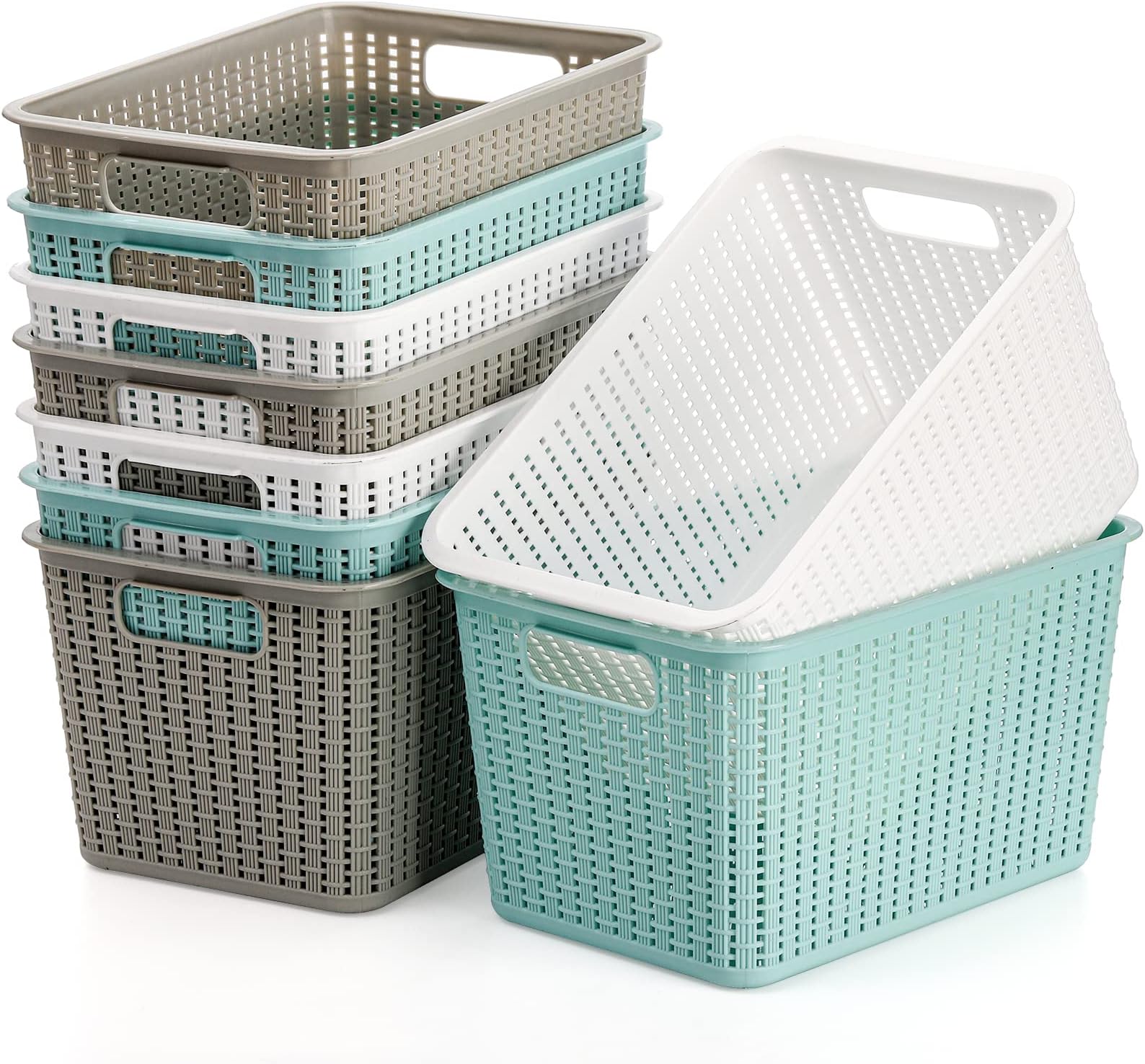 WUWEOT 9 Pack Plastic Storage Basket Bins Organizer, Cabinet and Shelf Basket with Handle,10" L x 6.8" W x 5.5" H, 3 Colors