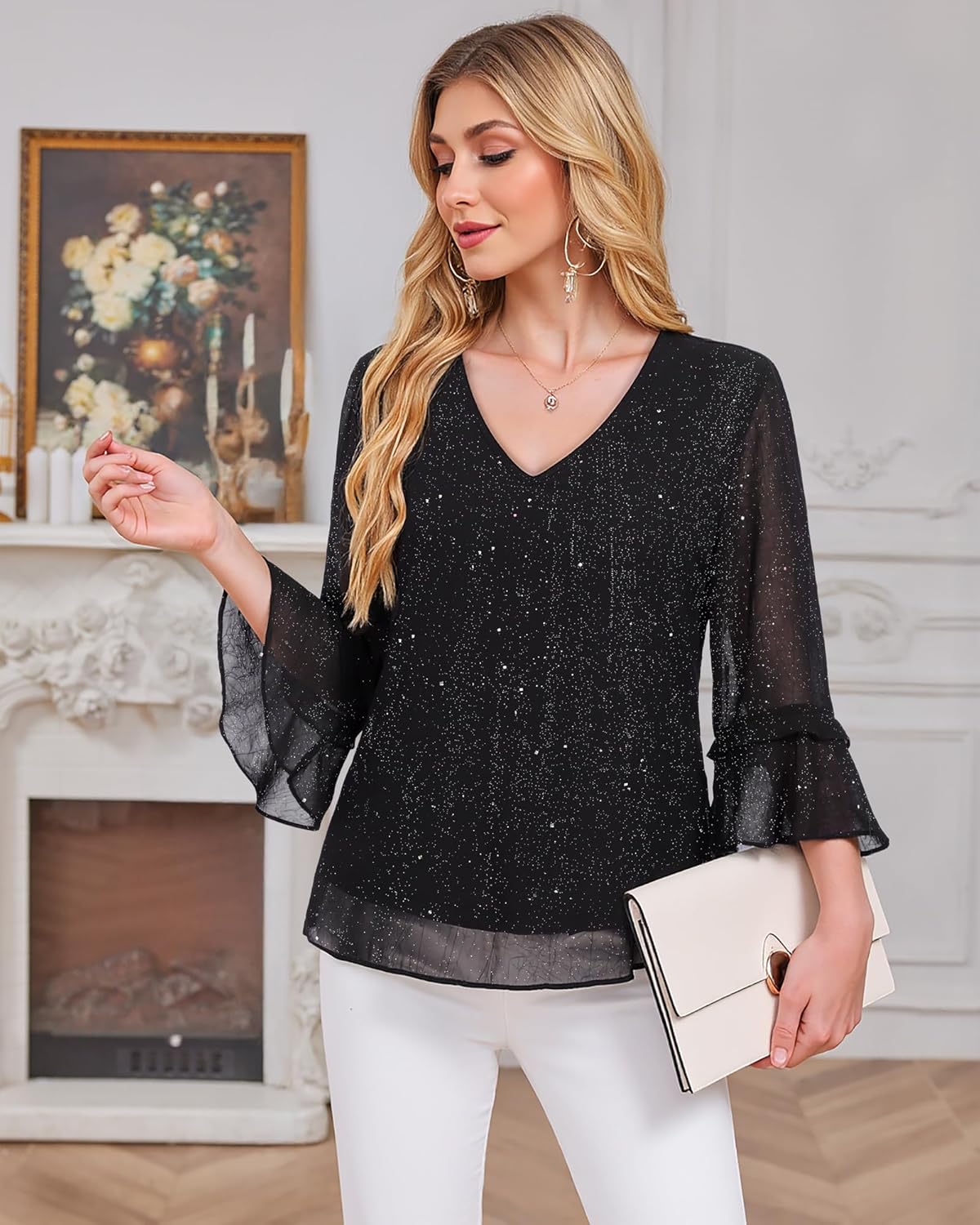 Bebonnie Womens Dressy Casual Tops Ruffle 3/4 Sleeve V Neck Floral Chiffon Blouses - Image 3