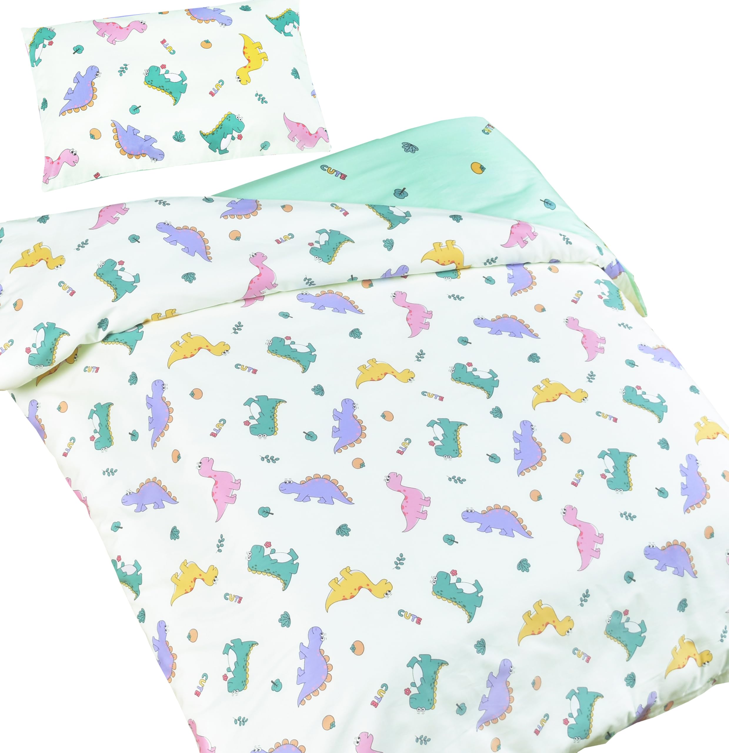 J-pinno Dinosaur Green Cute Boys Girls Cartoon Duvet Cover + Pillowcase Set, Zipper Closure, 100% Cotton, for Kids Crib Toddler Bedding Decoration Gift (Dinosaur Crib 47" X 59")