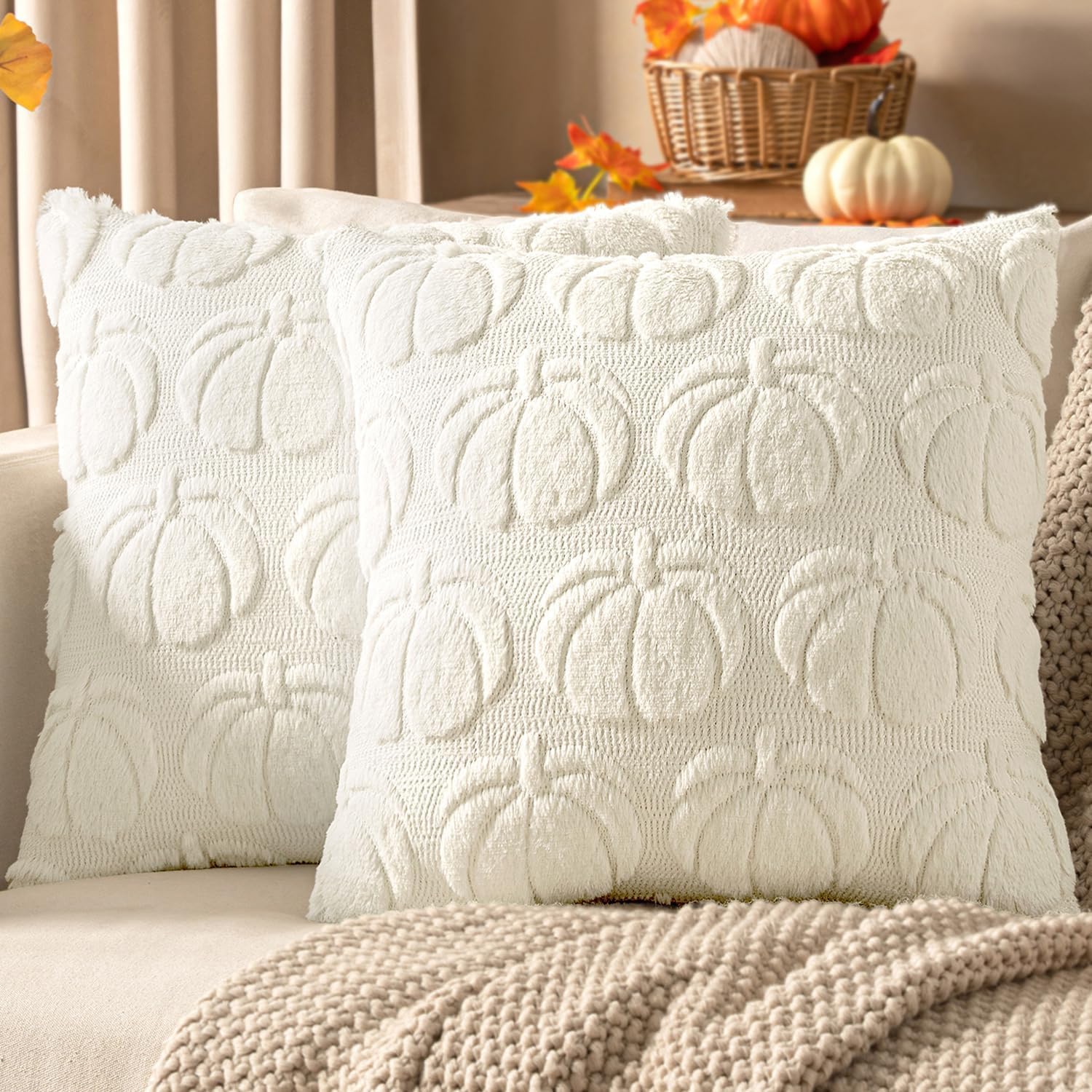 Set of 2 Fall Throw Pillow Covers 18 x 18 Decorative Pumpkin Pattern Pillow Covers Soft Plush Faux Wool Couch Pillow Covers Halloween Decorations for Home Farmhouse Sofa Couch Car (White)