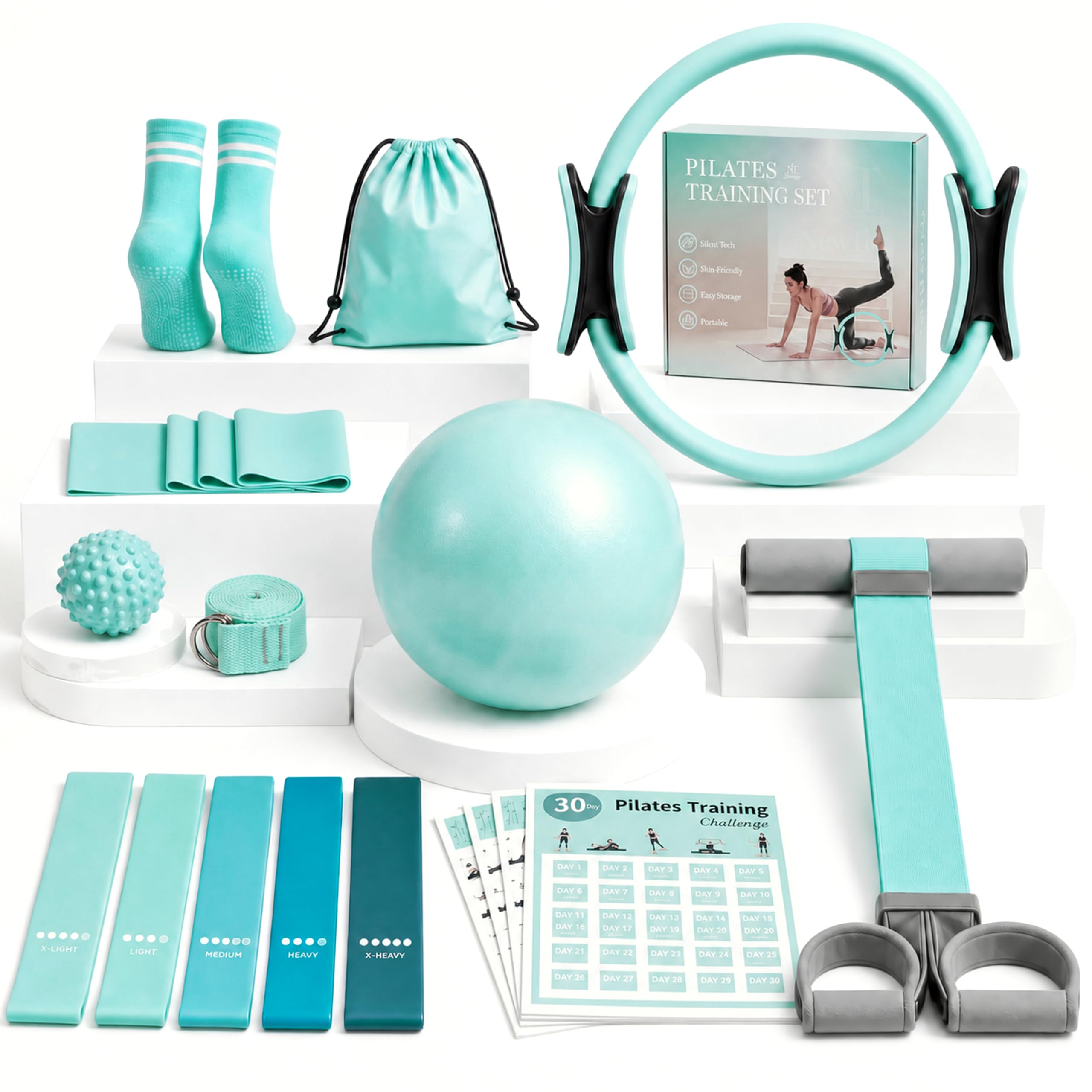 Zestaw pilates Essentials dla kobiet, zestaw do pilatesu do ćwiczeń domowych z pierścieniem do pilatesu, mini piłką, opaską oporową, paskiem do jogi, skarpetkami, torbą, sprzętem do pilatesu dla