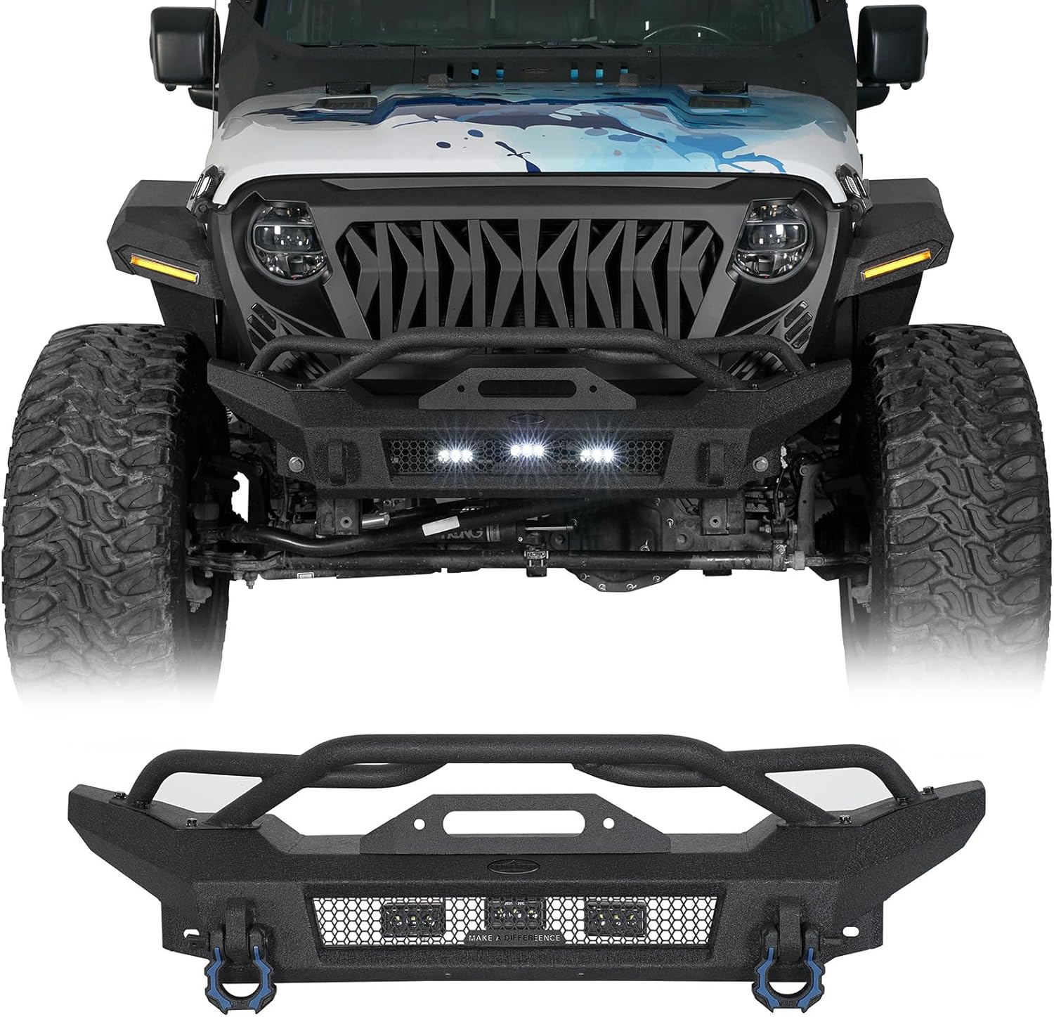 Hooke Road Horn Stubby Front Bumper w/Tube Grille Guard for Jeep Wrangler JL & Gladiator JT 2018-2026, Offroad Steel Bumper with Winch Plate, LED Lights and D-rings