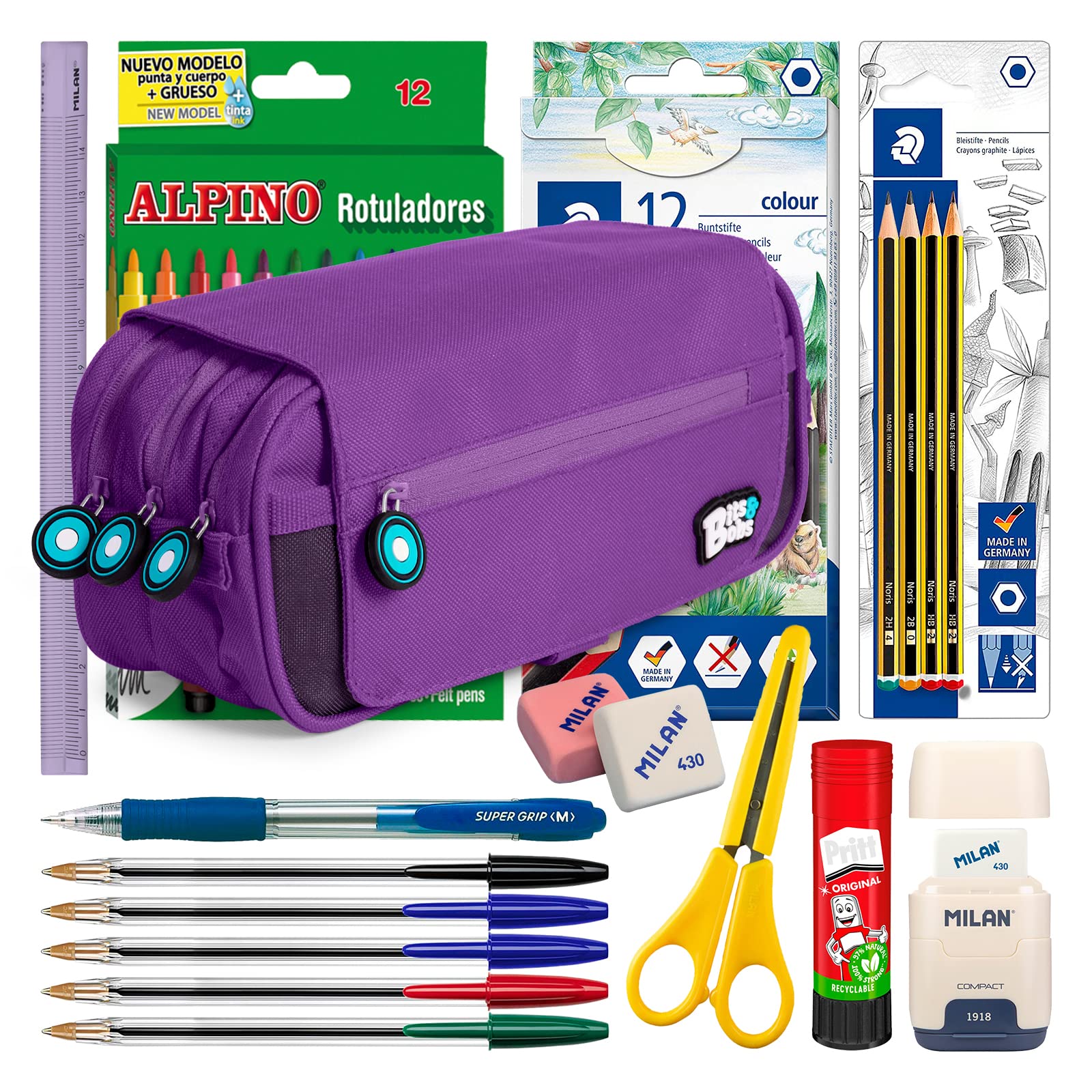 ColePack BitsBobs - Lote de Estuche Portatodo Triple con 3 Cremalleras y Material Escolar de Primeras Marcas Incluido (Violeta)
