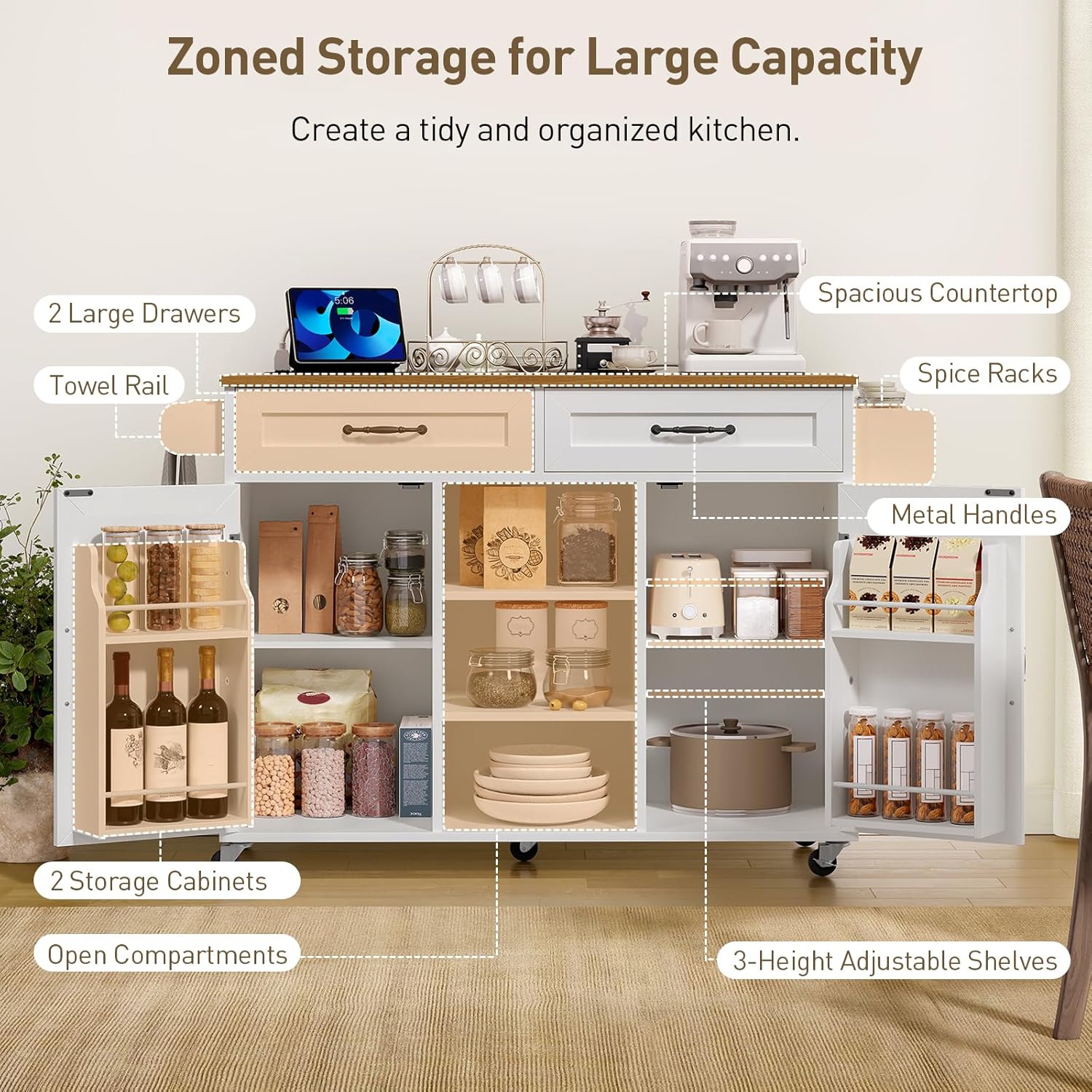 RALGEND Kitchen Island with Storage, Kitchen Rolling Island on Wheels with Power Outlet & Drop Leaf, Kitchen Island Cart with Drawer and Spice Rack, Mobile Island Table for Kitchen,White and Walnut