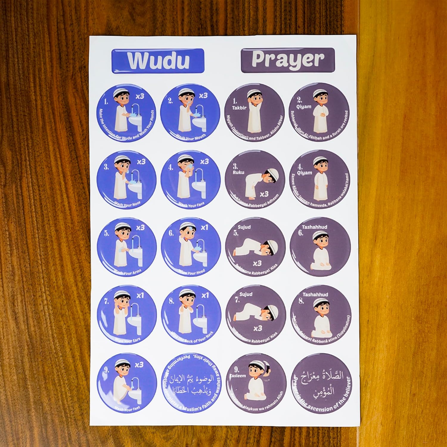 How to do Wudu & Salah | Step-by-Step Islamic Ablution and Prayer Guide Stickers for Kids | 3D Resin Epoxy Stickers | Waterproof Educational Stickers | Islamic Home Décor & Learning Aid
