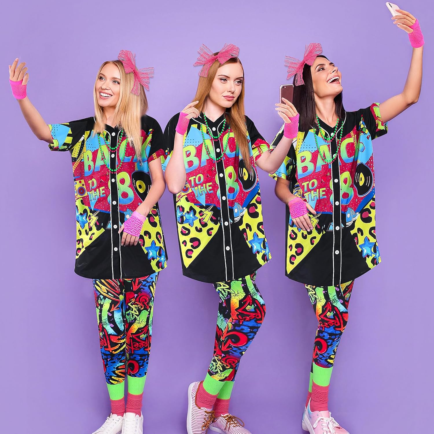 80s Outfit for Women, 80s Accessories with Shirt Leggings Gloves Necklace Earrings Sock Headband Glasses for Cosplay - Image 7