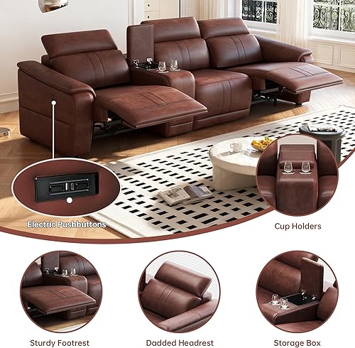 Miniatura 3 de Juego de sofá reclinable eléctrico, sofá seccional reclinable de 3 plazas con reposacabezas ajustable y reclinación eléctrica, cuero transpirable