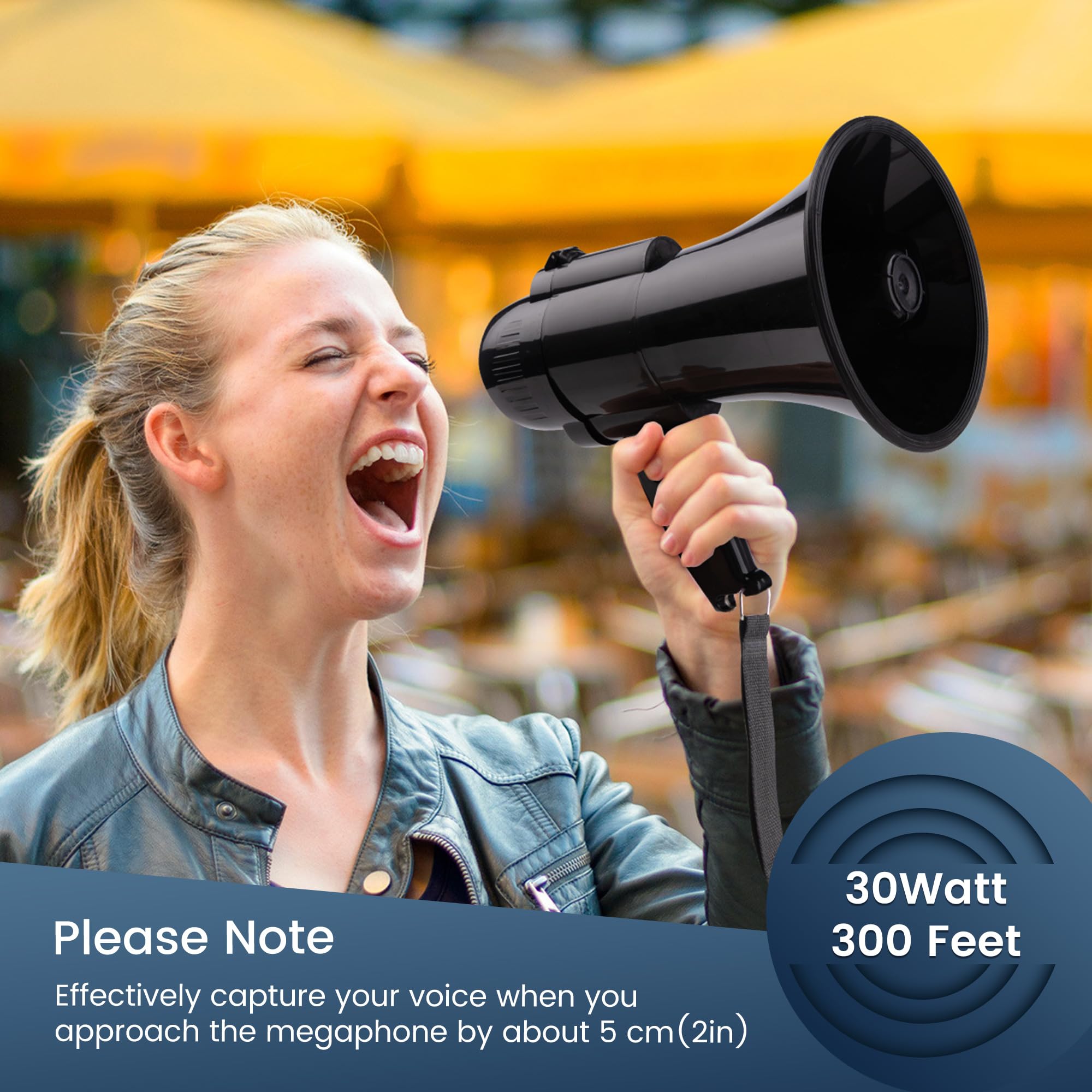 Megáfono Bullhorn 30W portátil altavoz voz sirena alarma grabación 240S control volumen correa negro