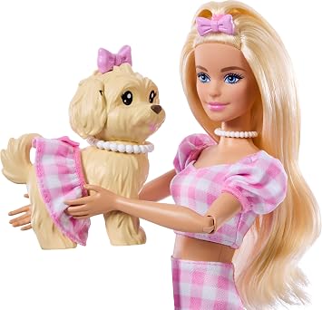 Barbie Twinning Looks Doll with Pet Dog in Matching Pink Gingham Clothes | and Accessories for Both like Sunglasses, Necklaces and Bows, Blonde