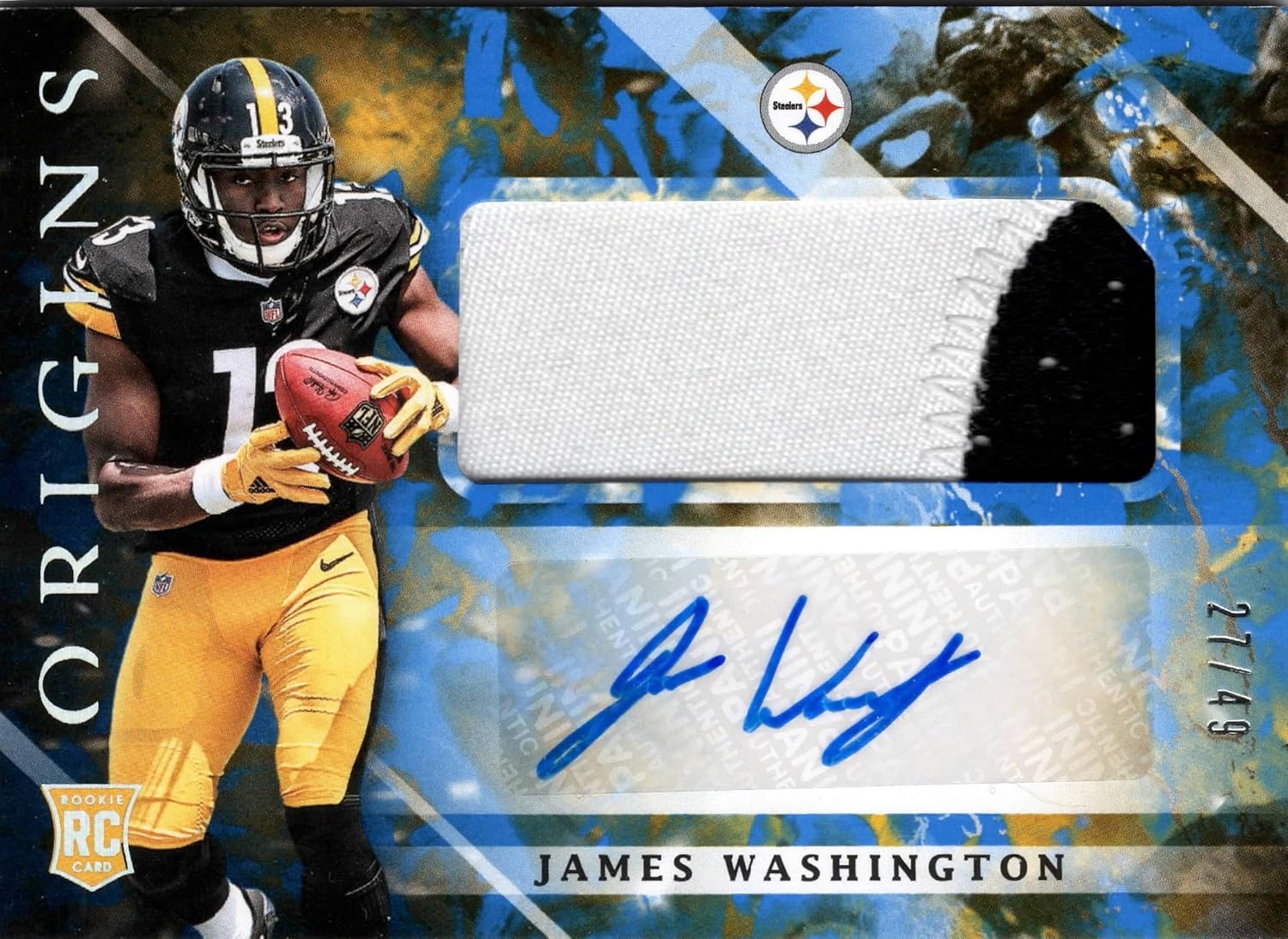 James Washington Rookie Autographed Memorbilia Patch & Serial Numbered # 27/49 Collectible Football Card - 2018 Origins Rookie Football Card # 114 (Steelers)