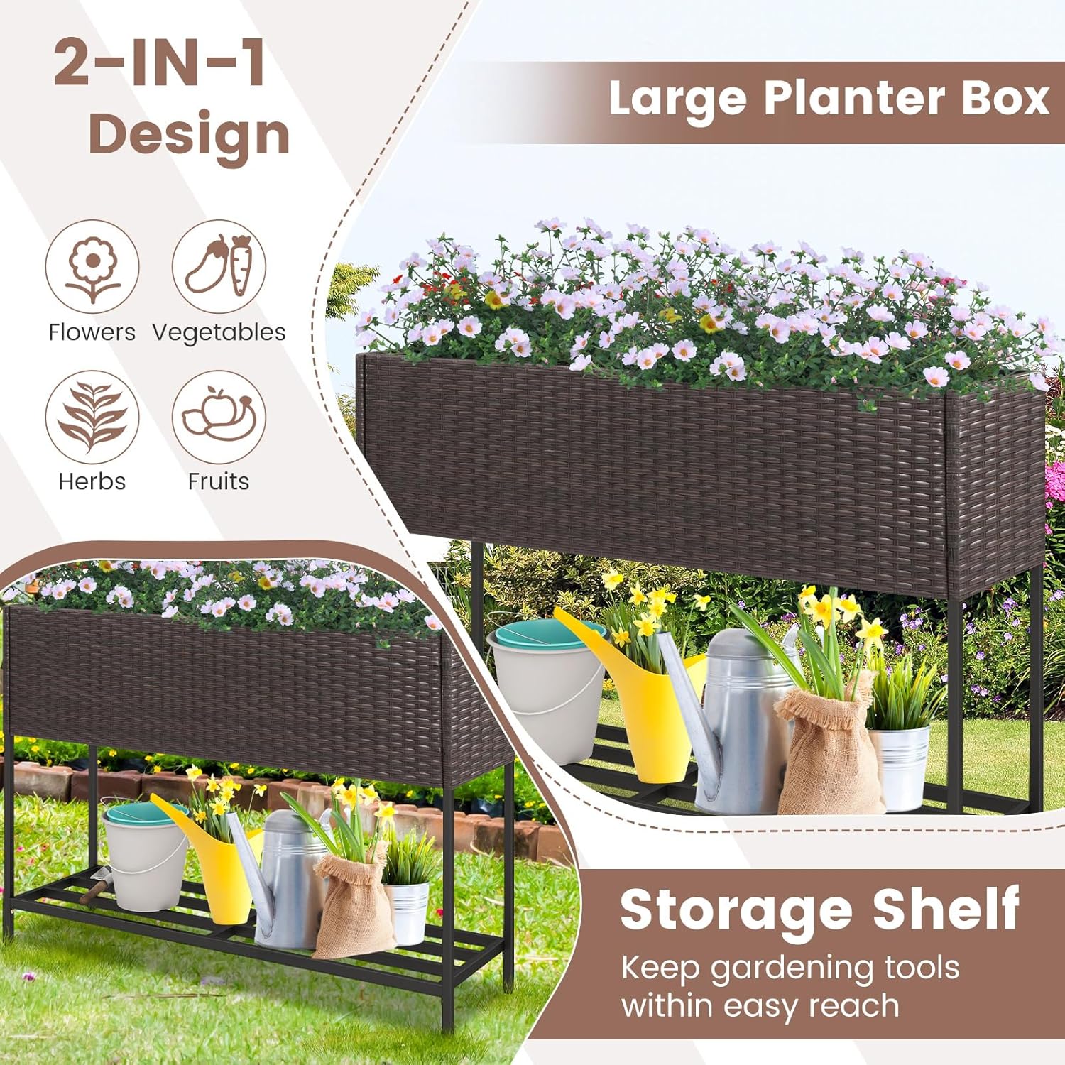 Giantex Raised Garden Bed with Legs, 40" x 12" Rattan Elevated Planter Box w/Storage Shelf, Removable Liner, Drainage Gaps for Vegetables, Flowers & Herbs, Outdoor Planting Stand for Backyard Patio
