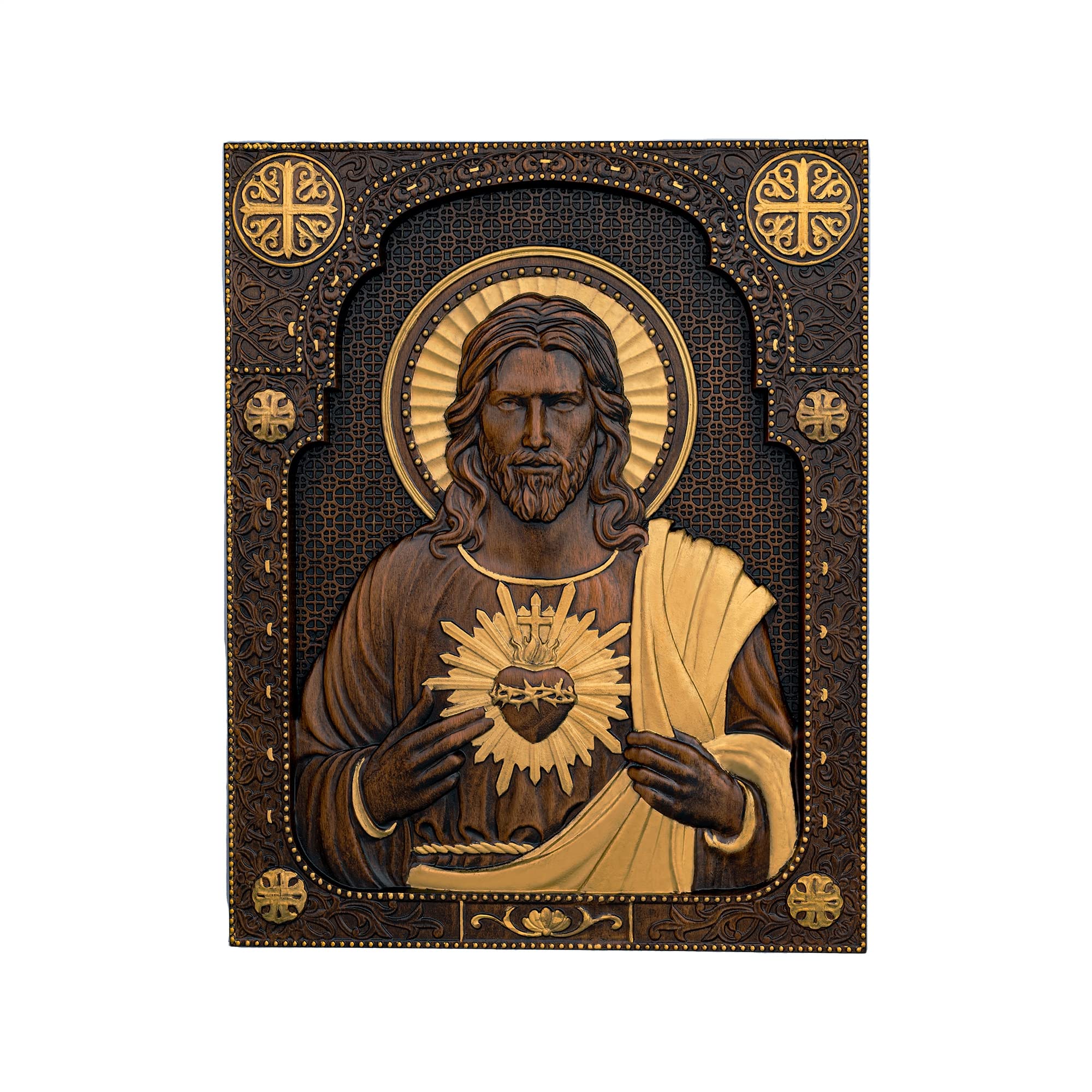 BGCOPPER Our Lord Jesus Sacred Heart Square Wood Carving Christian Catholic Personalized Engraving Gift Mural Statue Ornament (20 * 15.6 * 1.4inches, outline in gold)