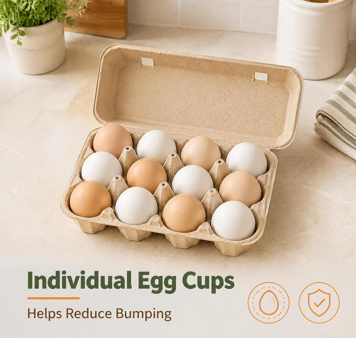24 Pack Egg Cartons, 12 Count Paper Pulp Egg Holders, Reusable Biodegradable Egg Trays with Lids, Sturdy Recycled Cardboard Storage for Farm Fresh Eggs, Fridge, Farmers Market (Natural)