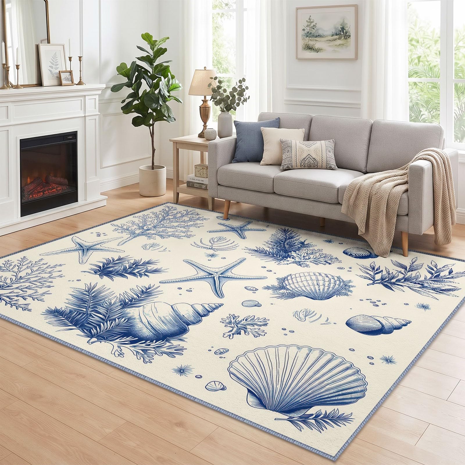 Generisch Seegras Koralle Seestern Waschbarer Teppich Wohnzimme 120x170 cm, Weich Kurzflor rutschfest Vintage Handgemalt Spaß Teppich für Schlafzimmer Esszimmer Büro