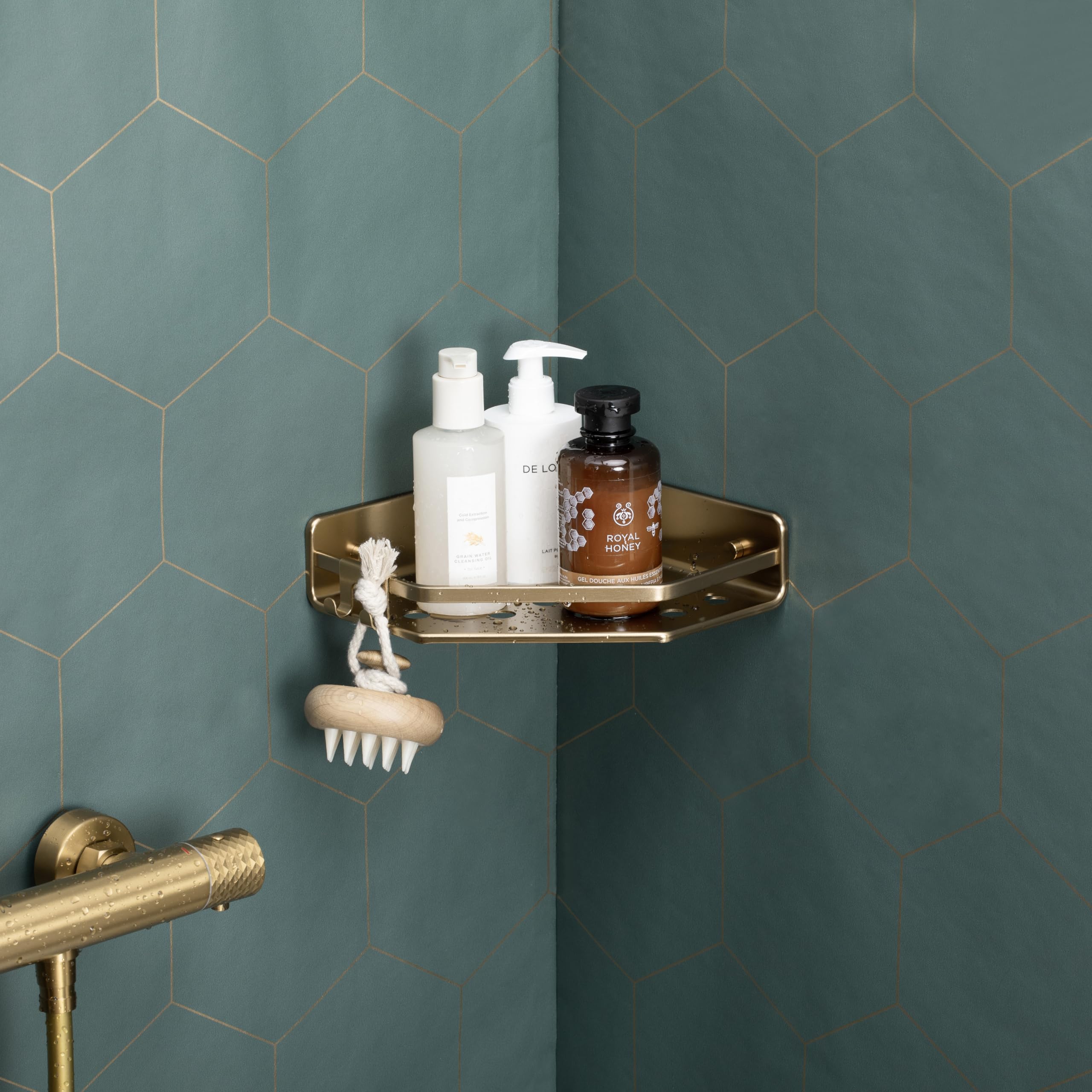 TATAY Shower Shelf No Drilling Corner Aluminium, Gold, 20x20x5.5 cm - Image 4