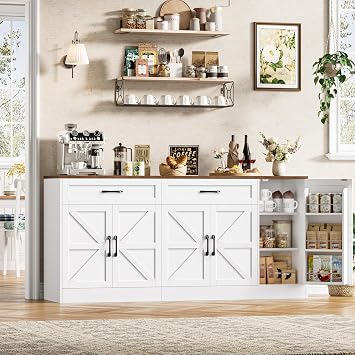 BOTLOG 71 Large Sideboard Buffet Cabinet with Storage, Farmhouse Buffet Cabinet with Adjustable Shelves and 3 Door Shelves, Wood Coffee Bar Console Table for Kitchen, Dining Room White