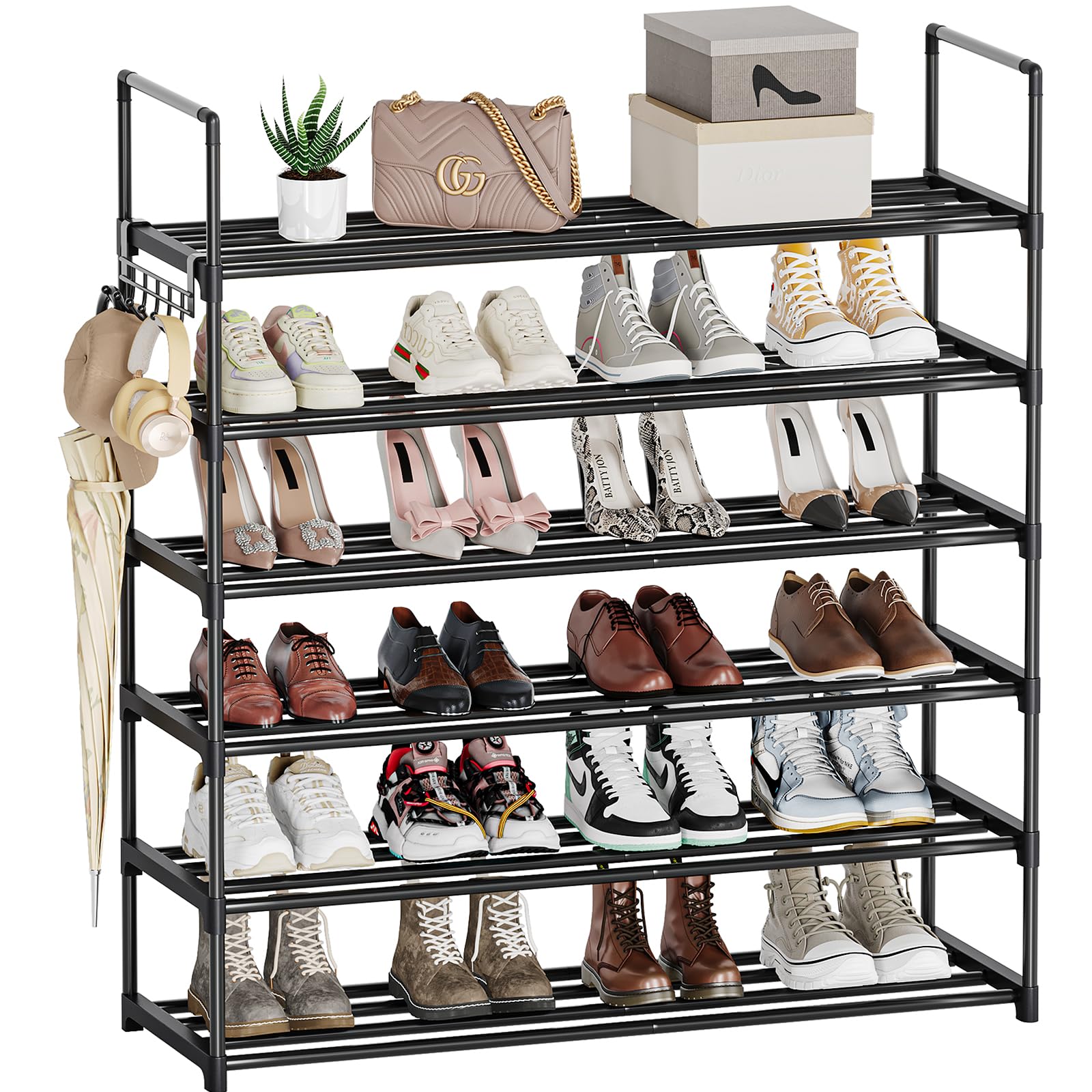 6 Tier Metal Shoe Rack, Black Shoe Rack for Entryway, Shoe Organizer for Closet, Shoe Storage for Front Door Entrance & Entryway, Large Shoe Stand Holder Adjustable Shelf Height
