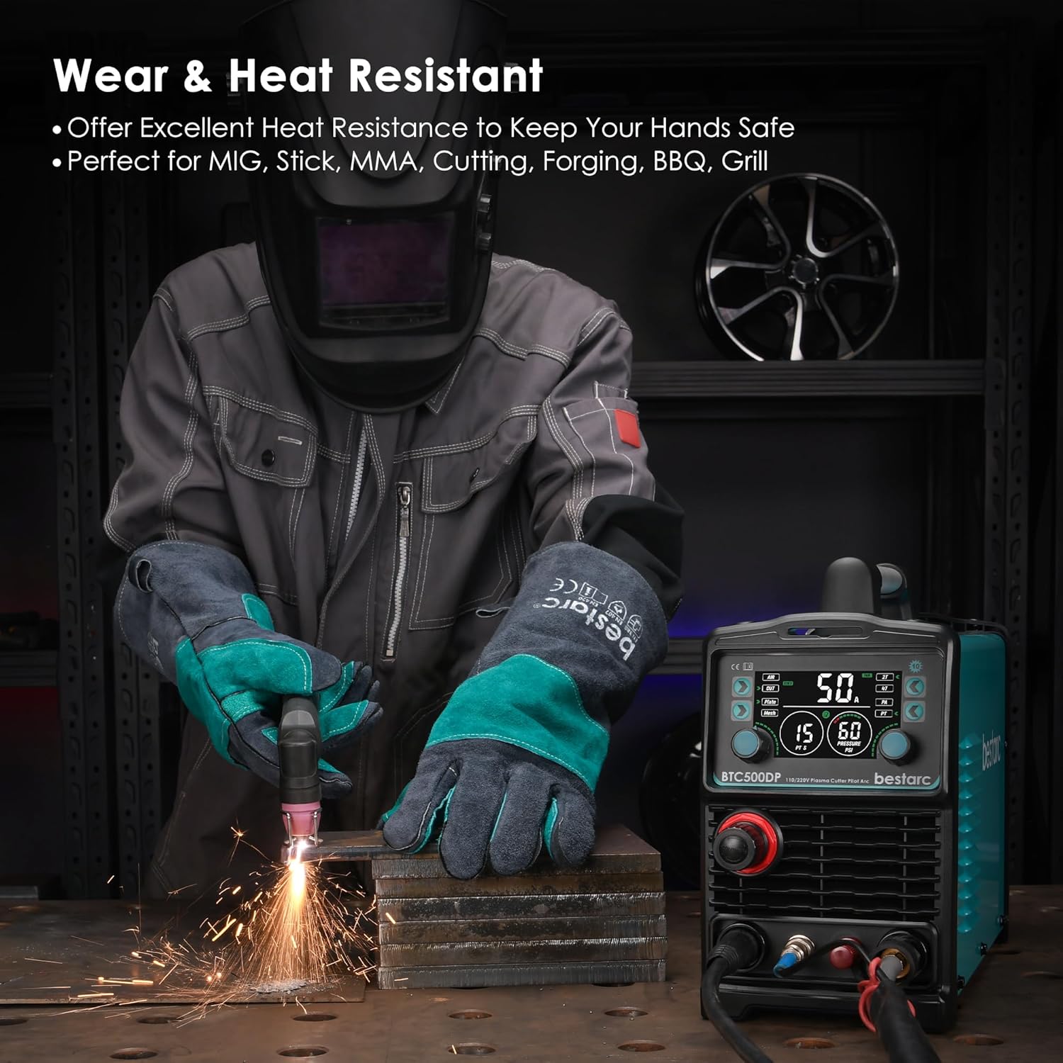 bestarc MIG165 Gas/Gasless Flux Core MIG Welder, Leather Forge MIG Welding Gloves,Green