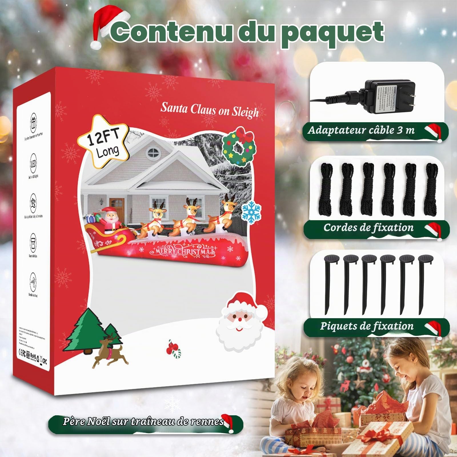 Décoration de Noël Gonflable de 360 cm/12 Pieds, Trois Rennes tirant Le traîneau du Père Noël, étanche IP44, gonflage Rapide en 1 Minute, Convient pour Les Jardins/Places publiques, etc