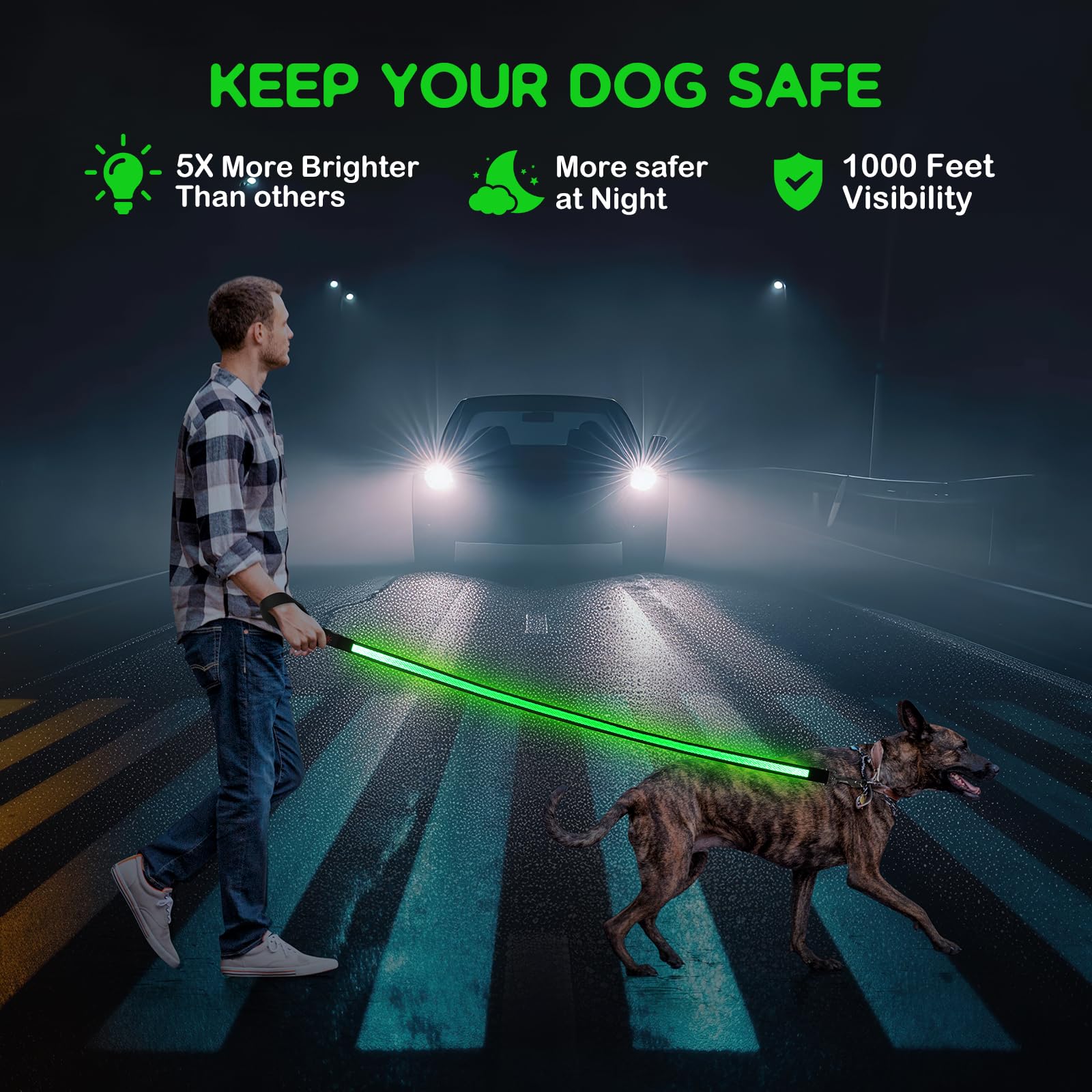 Candofly Correa LED para perro de 4 pies, recargable por USB, 3 modos de iluminación, brilla en la oscuridad, correas reflectantes de nailon para mascotas con luces para caminar por la noche (verde)