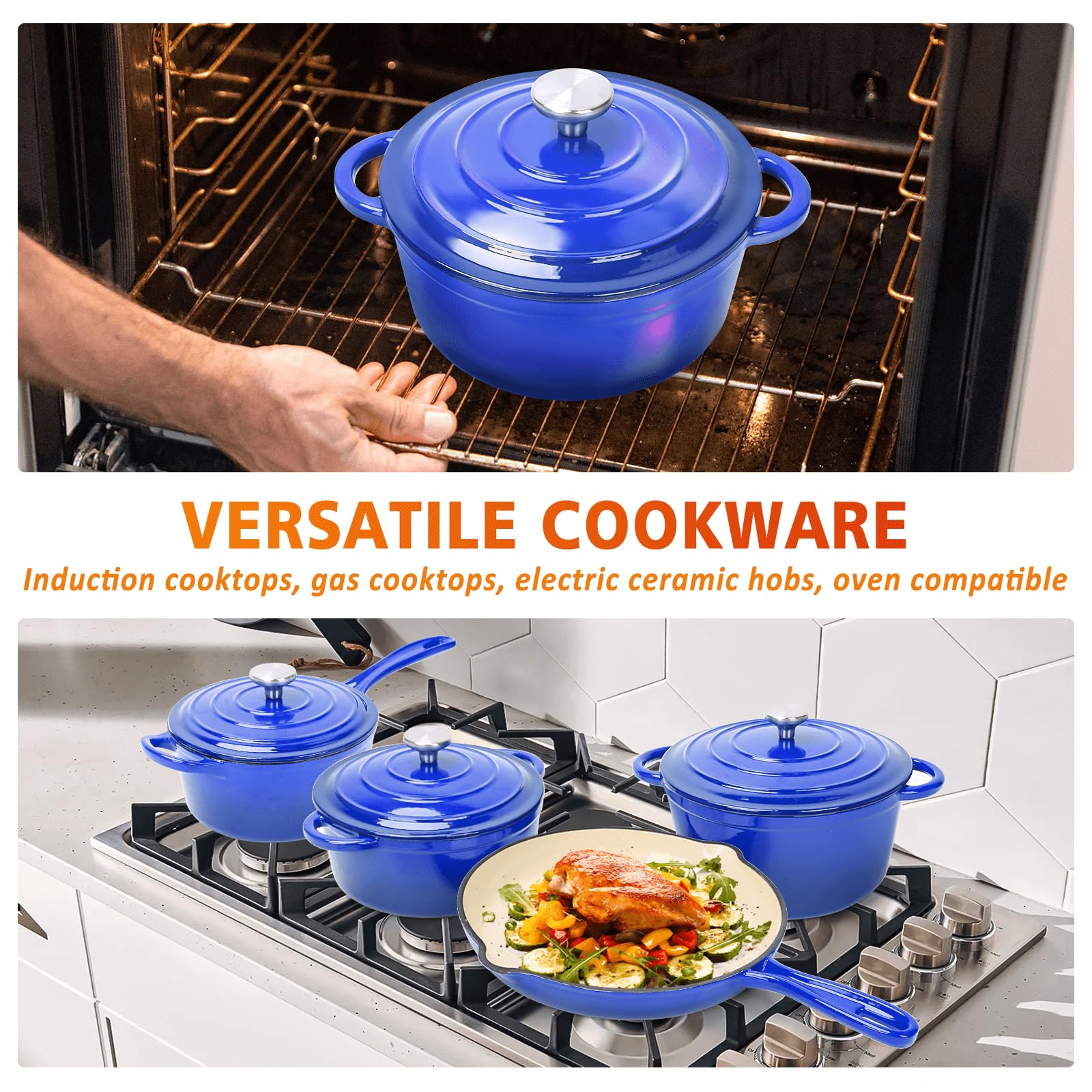 Denmay Batterie de cuisine en fonte émaillée – 7 pièces avec four hollandais, poêle à frire, casserole à sauce avec 3 couvercles, kit de four hollandais pour tous les types de feux, marmite à pain