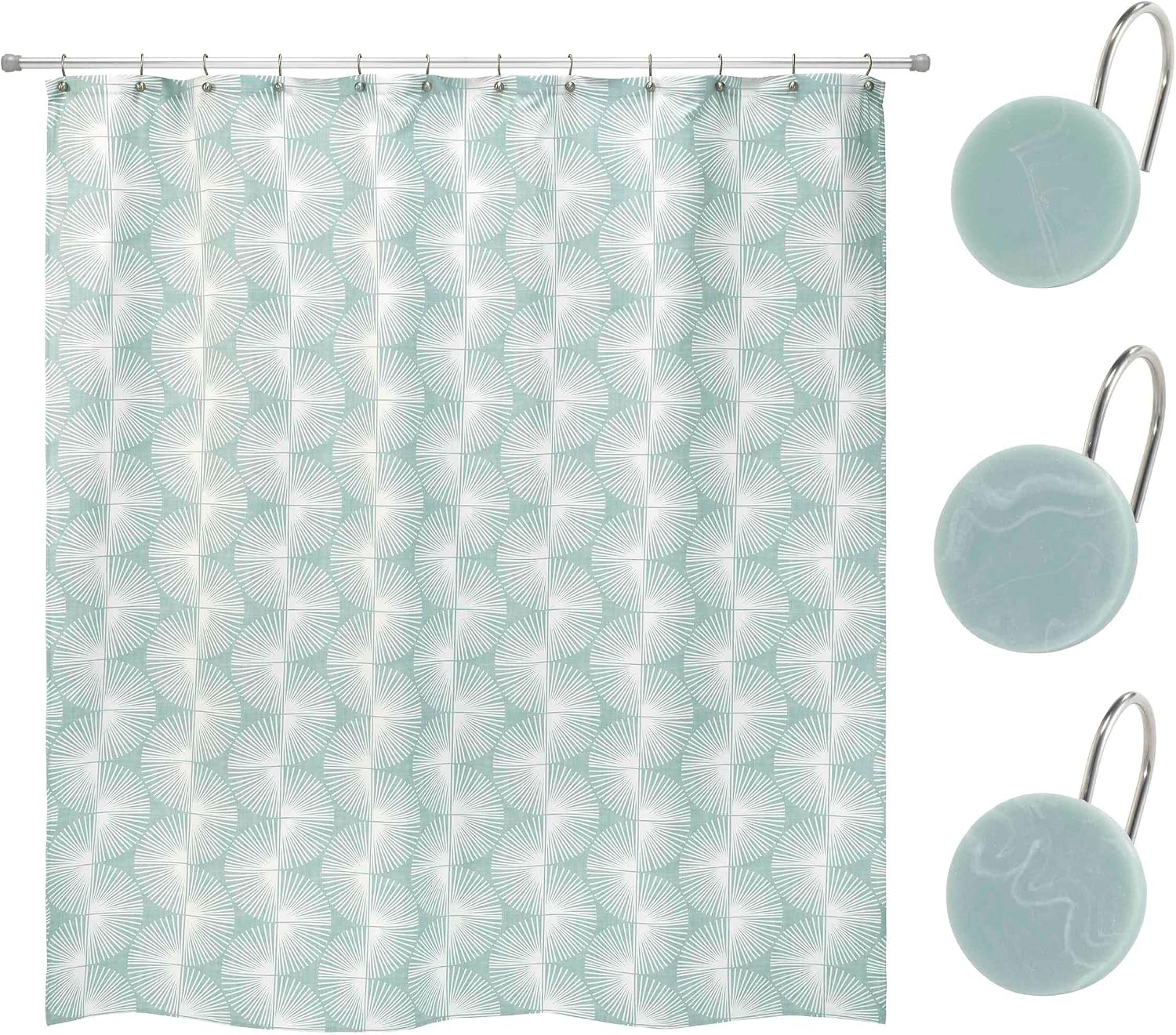 Nicole Miller - Shower Set, Fabric Shower Curtain & 13pc Shower Curtain Hooks, Dorm Room Essentials (Kendall Collection, Oasis)