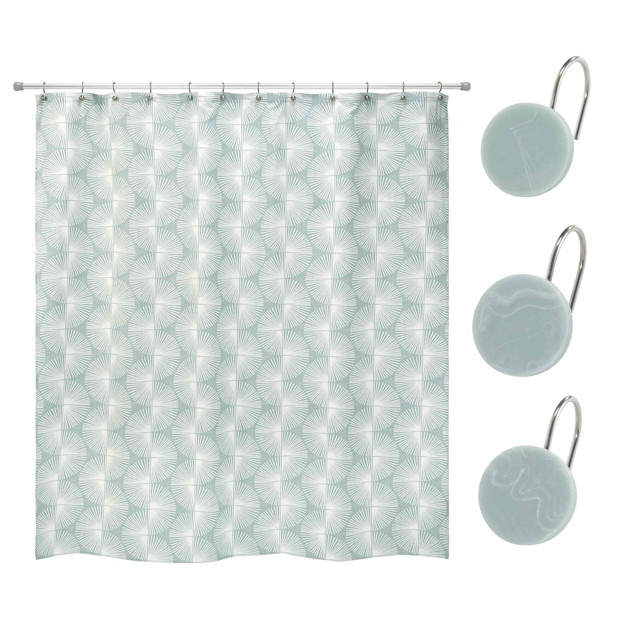 Nicole Miller - Shower Set, Fabric Shower Curtain & 12pc Shower Curtain Hooks (Kendall Collection, Oasis)