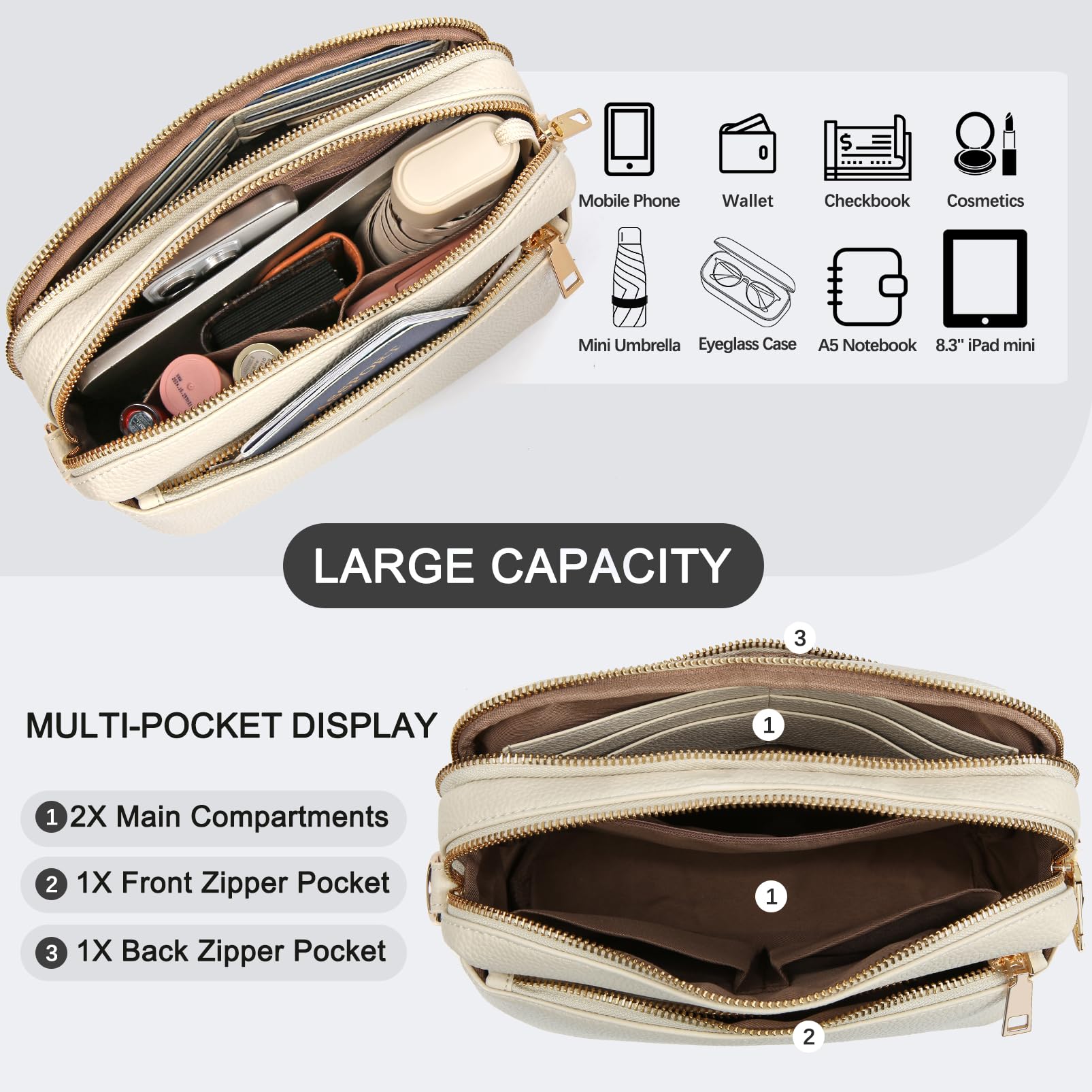 Umhängetasche Damen Mittelgroß mit Anti Diebstahl & RFID-Blockierung | PU Leder Handtasche Damen, mit Verstellbar Abnehmbar Breiter Gurt
