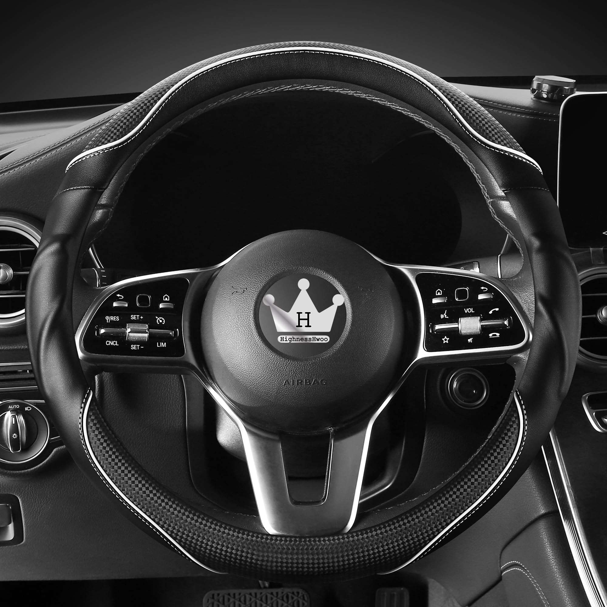 HighnessHwoo 3D Auto Lenkradabdeckung Lenkradbezug Komfortgriff Massage Sportlich Arutschfest Karbonfaser Kunstleder für Limousine, SUV, Universelle Passform, Auto Griff Abdeckungen, 37-38cm, Weiß