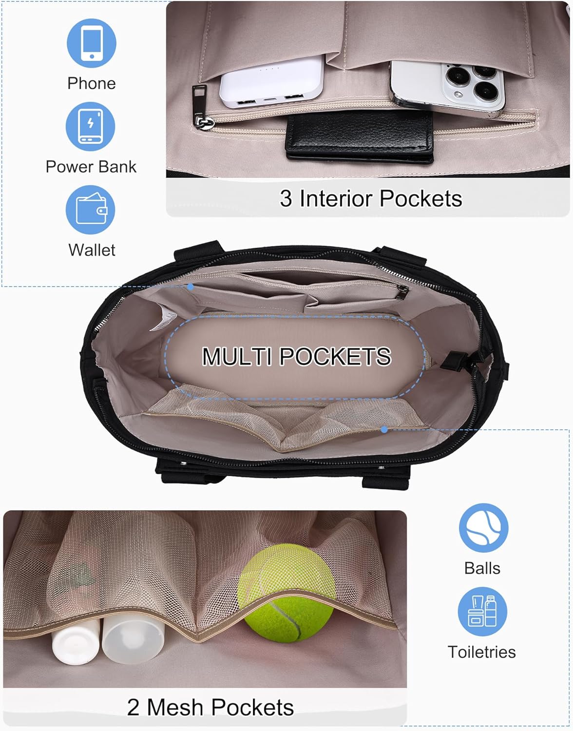 Kasqo Tennis Bags for Women, Large Pickleball Tote Bag Men 2 Rackets Lightweight Crossbody Shoulder Bag for Gym Sport
